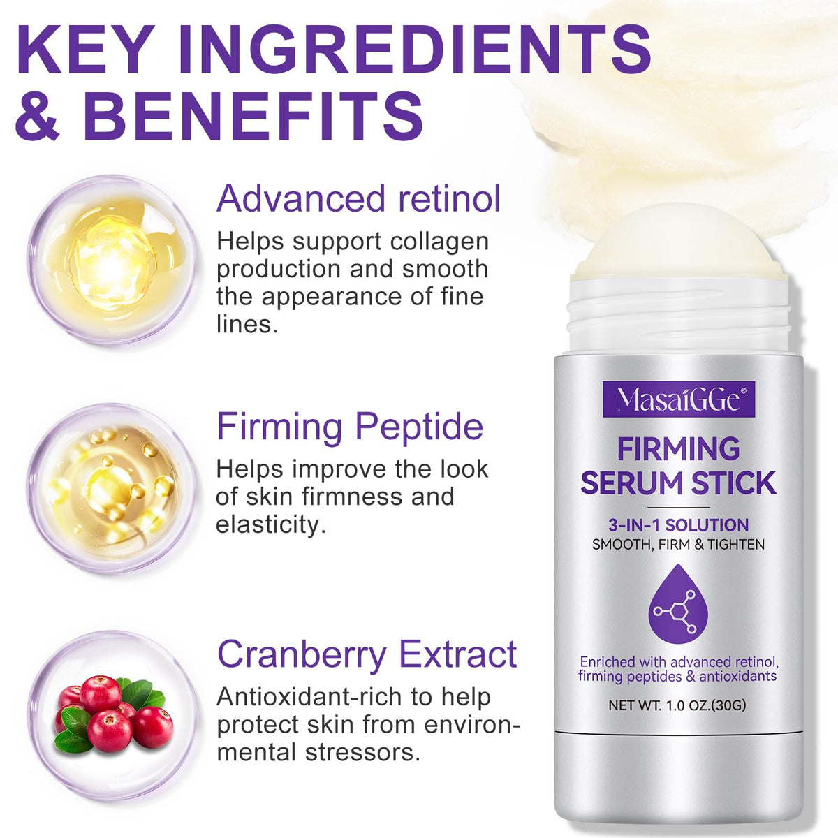 MASAIGGE Retinol Firming Serum Stick, Collagen Peptides Firming Serum Stick, Anti Aging Peptides Cream Stick, Retinol Stick for Tightening Sagging Skin, Reduces Wrinkles & Lines, Improves Skin Elasticity (2PC)