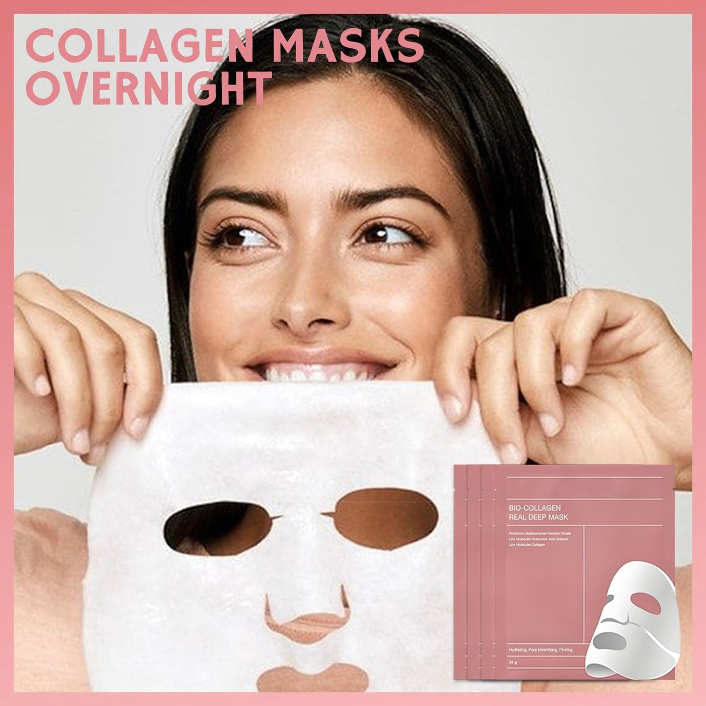 MINSHZEE Collagen Anti-Wrinkle Moisturising Face Mask, Korean Overnight Treatment, Pore Shrinking, 4 Pack