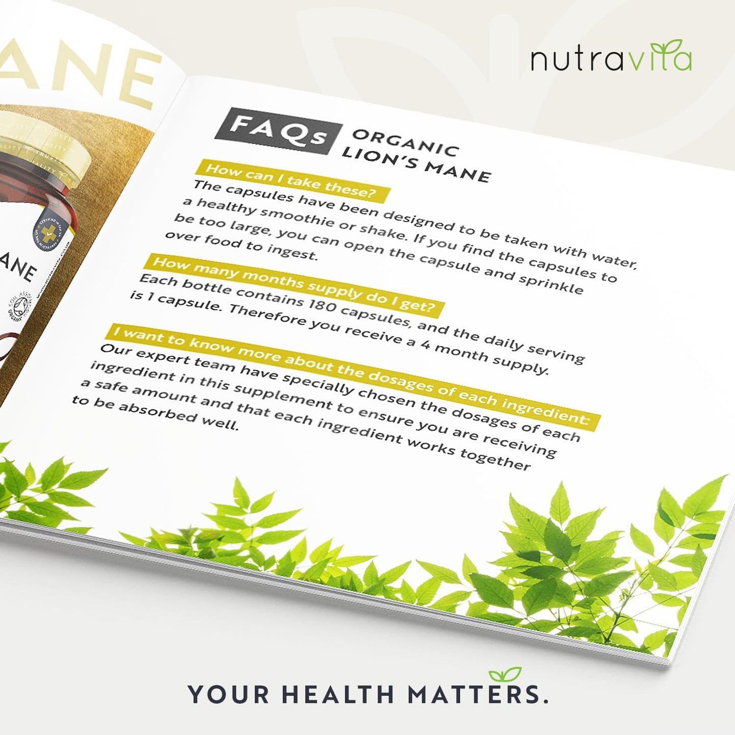 Organic Lions Mane Mushroom 1500mg - 120 High Strength Vegan Capsules (Not Powder) - Lions Mane Supplement with Organic Black Pepper - Made in The UK by Nutravita