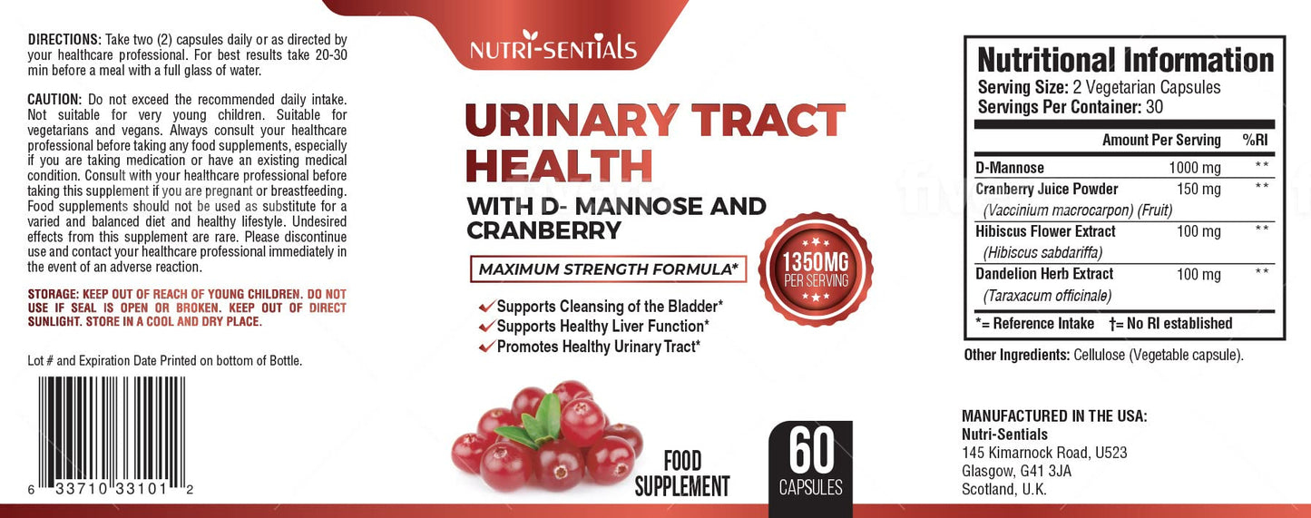 Nutri-Sentials Urinary Health Support D-Mannose Capsules with Cranberry Extra Strength Support 1350mg Function and Bladder Tract Support
