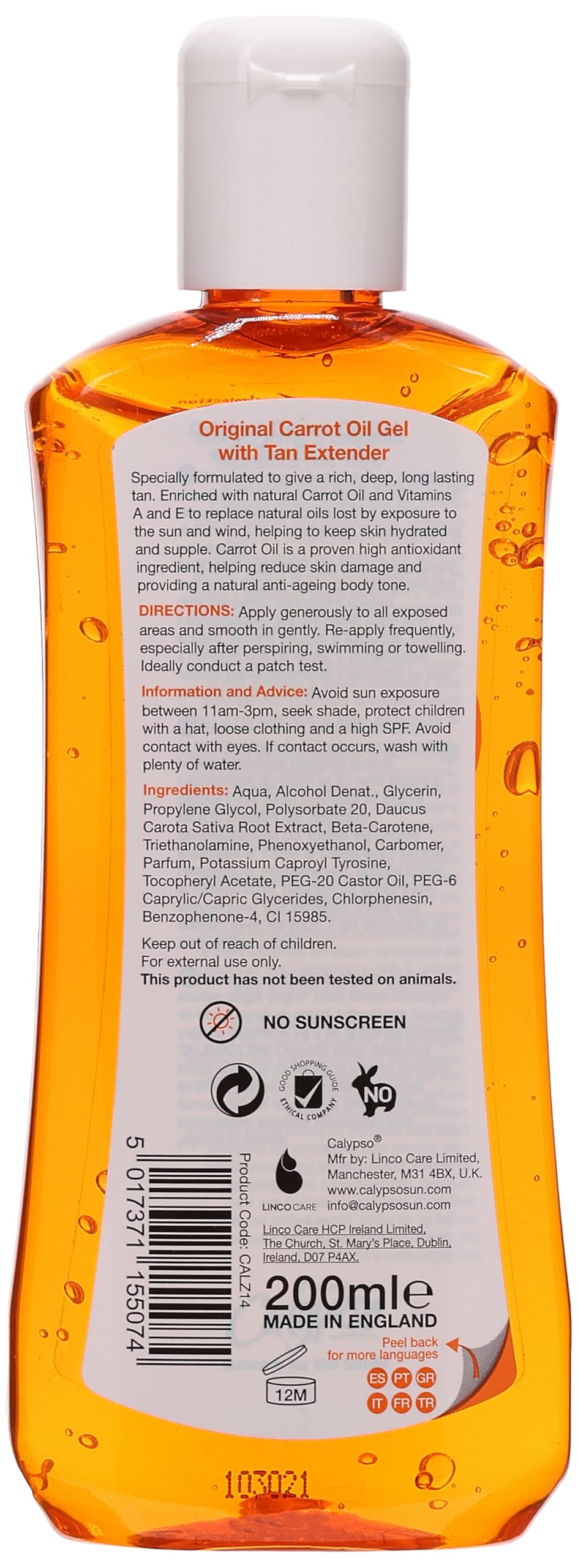 Calypso Carrot Oil Tan Extending Gel | Optimises Natural Tan | Added Moisturisers | 200Ml