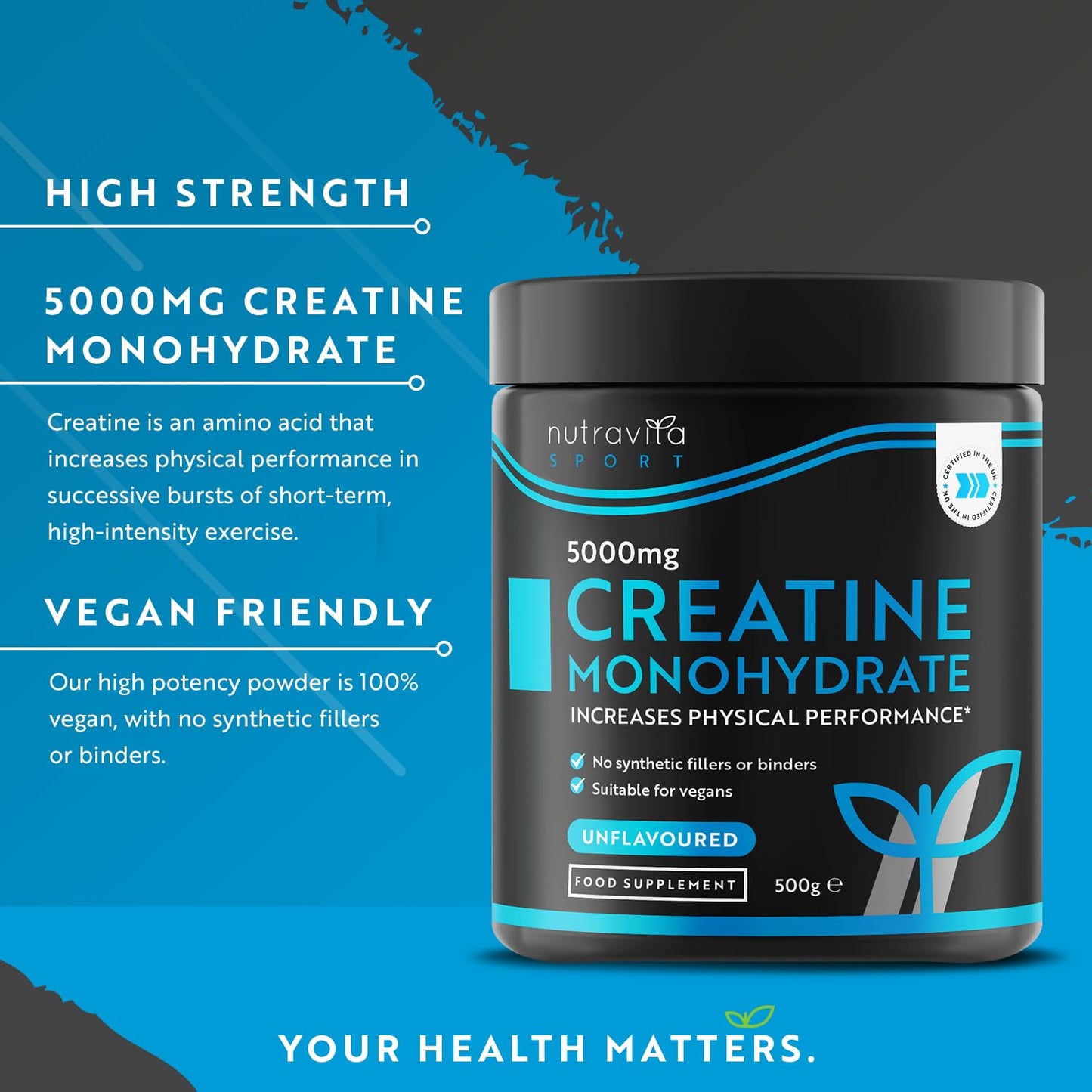 Creatine Monohydrate Powder 5000mg - 500g After/Pre Workout Powder - for Recovery & Physical Performance - Men & Women Exercise Supplement - Vegan - 100 Servings - Unflavoured - UK Made by Nutravita