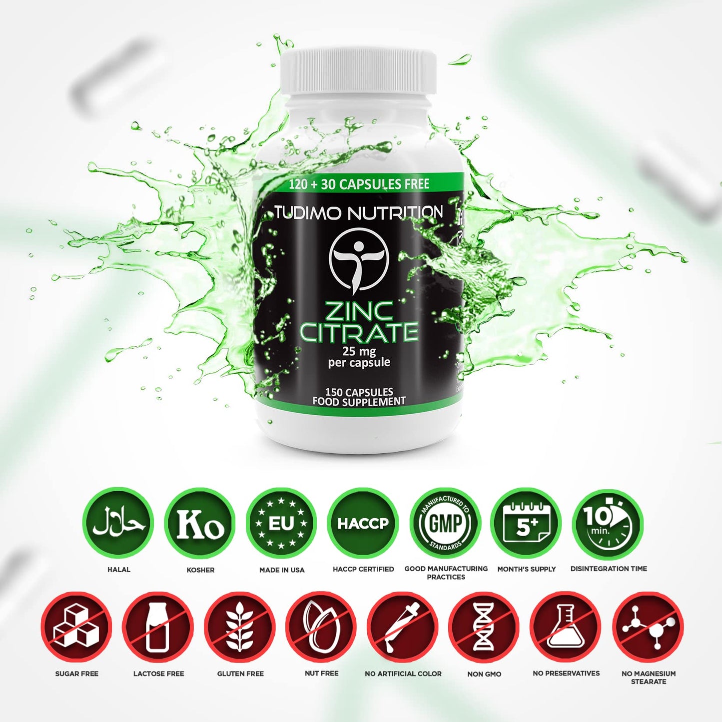 Zinc Citrate 25mg Capsules - 150 pcs (5 Month Supply) of Rapidly Disintegrating Capsules, Each with 25 mg of Premium Quality Zinc Powder