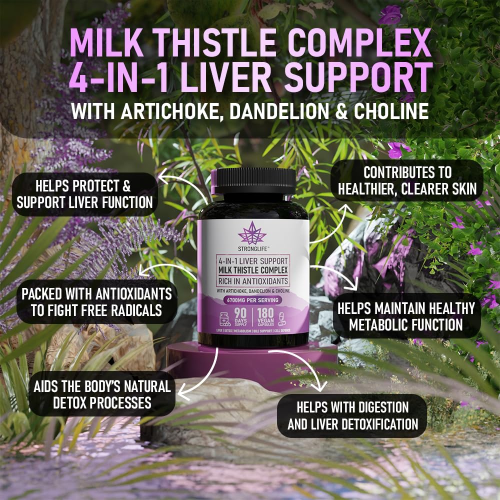 Stronglife Milk Thistle Complex Capsules – 6000mg Silymarin Extract with Artichoke, Dandelion & Choline – Liver & Detox Support for Men & Women – 180 Capsules – 90 Day Supply