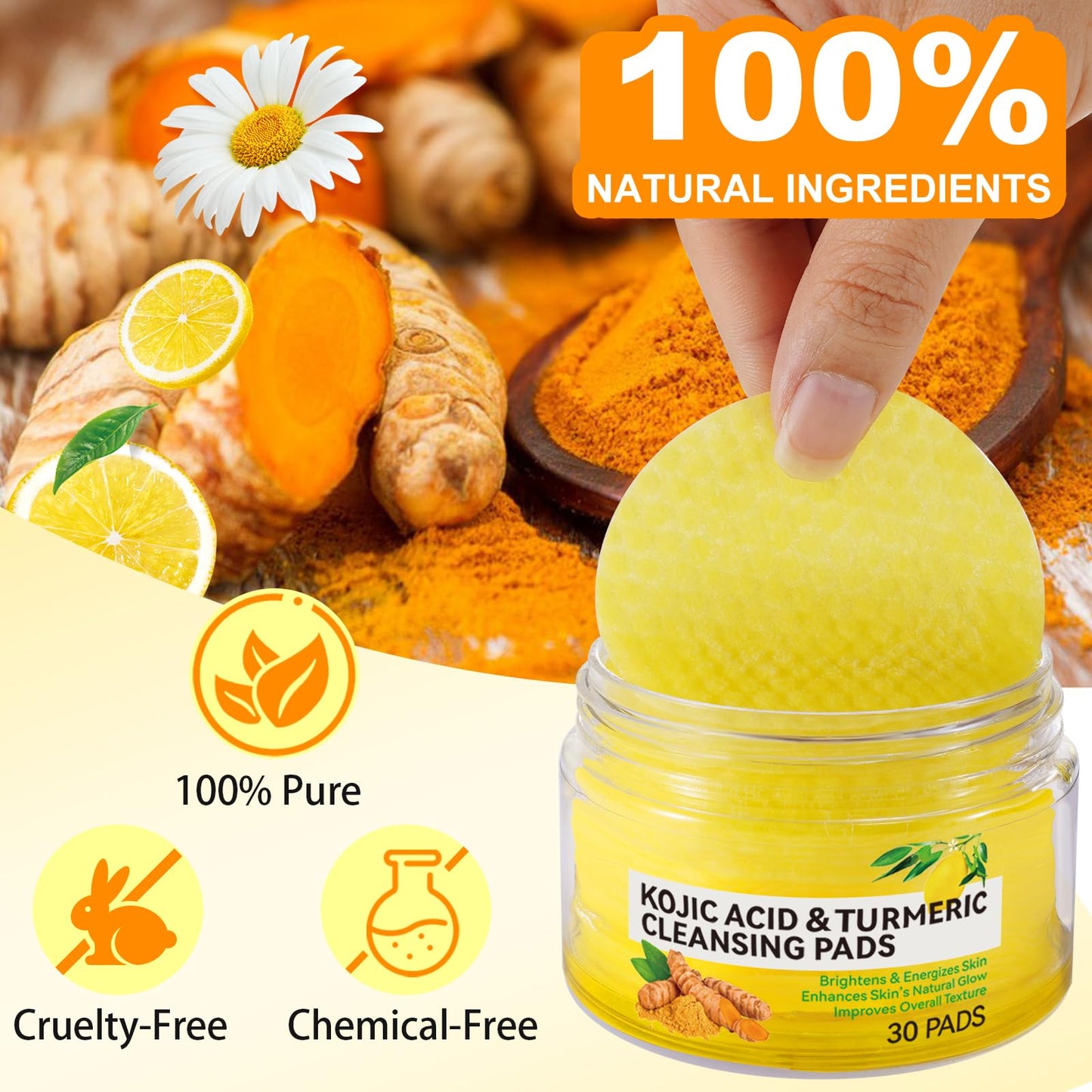 Generic Turmeric Kojic Acid Cleaning Pads, 60Pcs Turmeric Exfoliating Pads, Deep Clean Pores, Remove Excess Keratin, Helps Balance Skin Oil And Water, Unclog Pores, Improved Acne Scars and Dark Spots