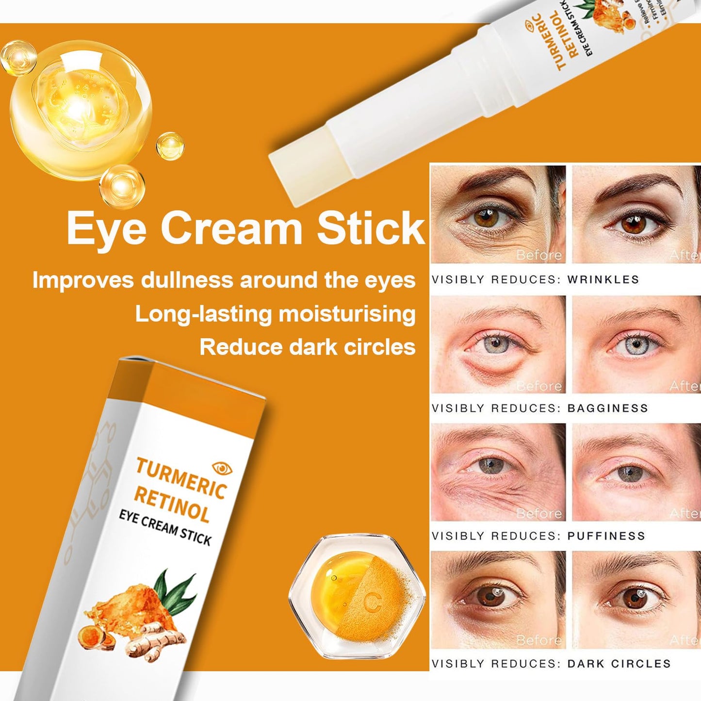 Trendyfave Turmeric Retinol Eye Stick, Eye Cream For Dark Circles And Puffy Eyes, Eye Cream Anti Aging,For Fine Lines,Eye Bags Remover, Anti Wrinkle,Dull Eye Skin, Moisturizing, Firming, Hydrating,3pcs