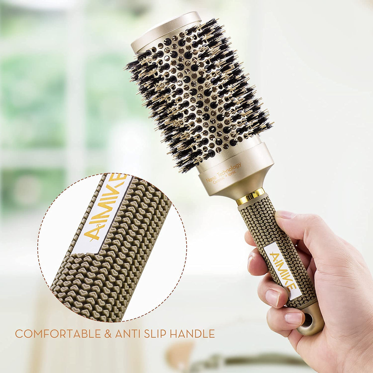 AIMIKE Round Brush, Nano Thermal Ceramic & Ionic Tech Hair Brush, Small Round Barrel Brush with Boar Bristles for Blow Drying, Styling, Curling and Shine (2.4 inch, Barrel 1.3 inch) + 4 Free Clips