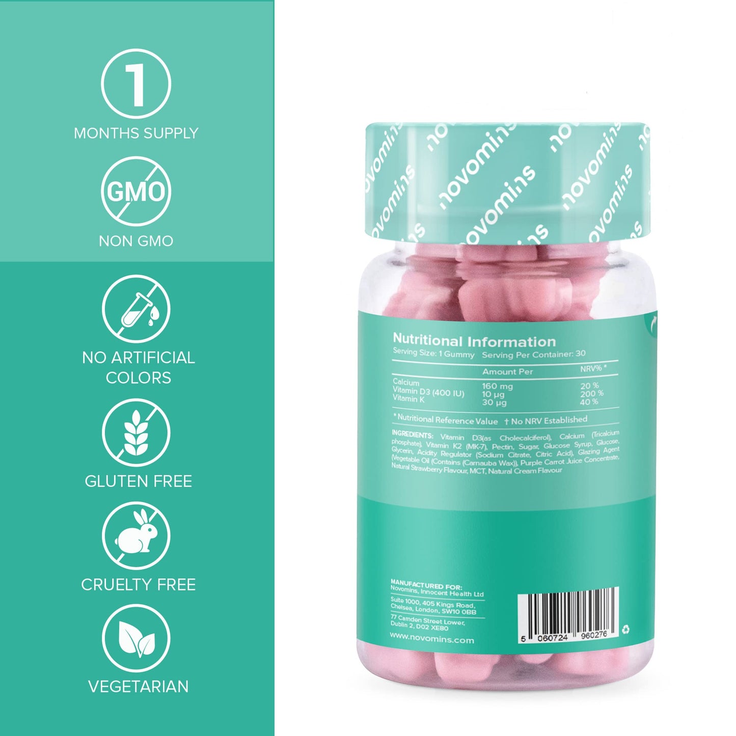 Calcium Gummies for Kids - Healthy Bones & Teeth - Vegetarian - 1 Month Supply – Chewable Childrens Calcium Supplement – 30 Chewable Kids Vitamins – Infused with Vitamin D & K2- by Novomins