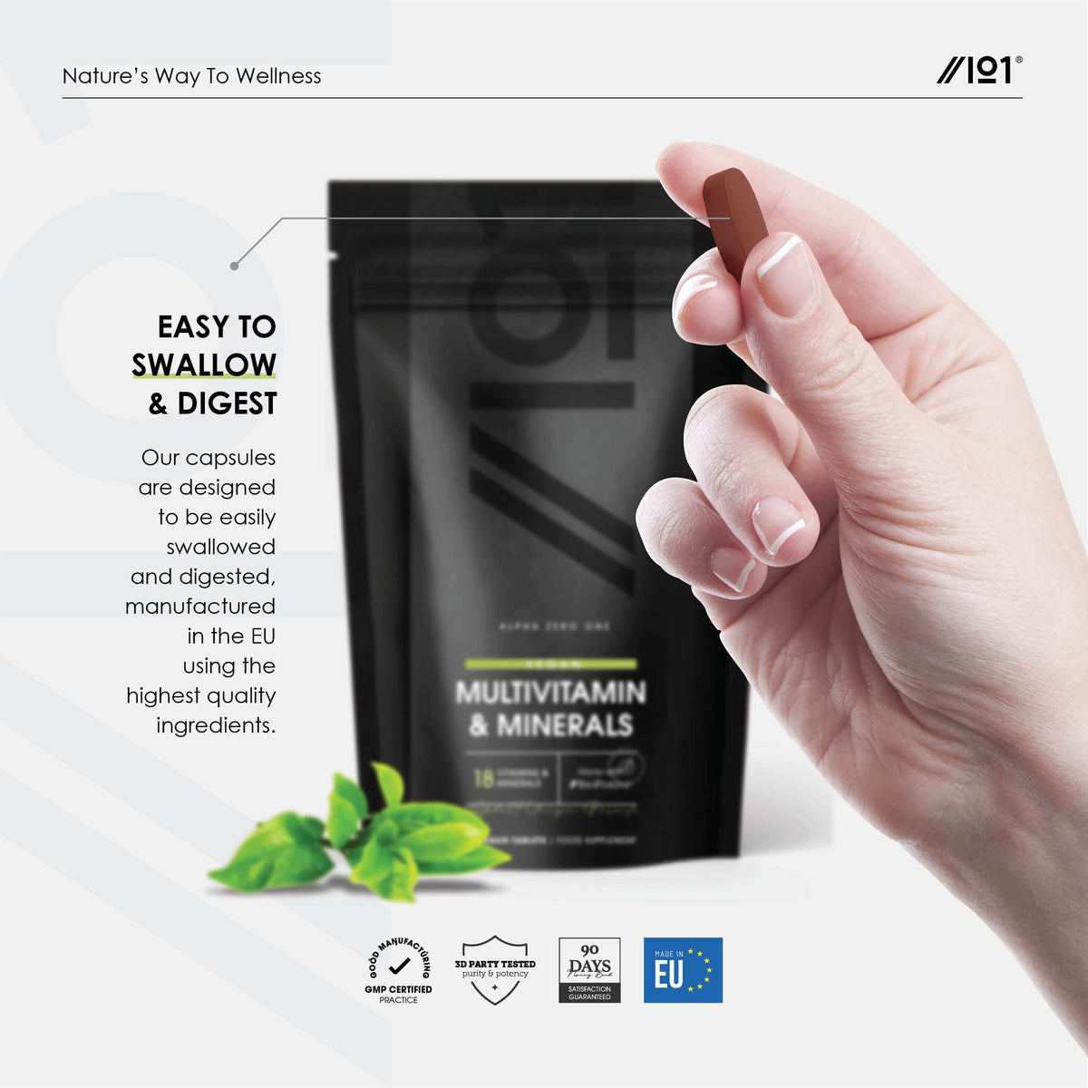 ALPHA01 Vegan Multivitamins & Minerals with BioPerine® | 18 Essential Vitamins & Minerals with High Strength Vitamin C, K, Zinc, B12 & D3-3 Months Supply - for Vegans & Vegetarians - 90 Vegan Tablets.