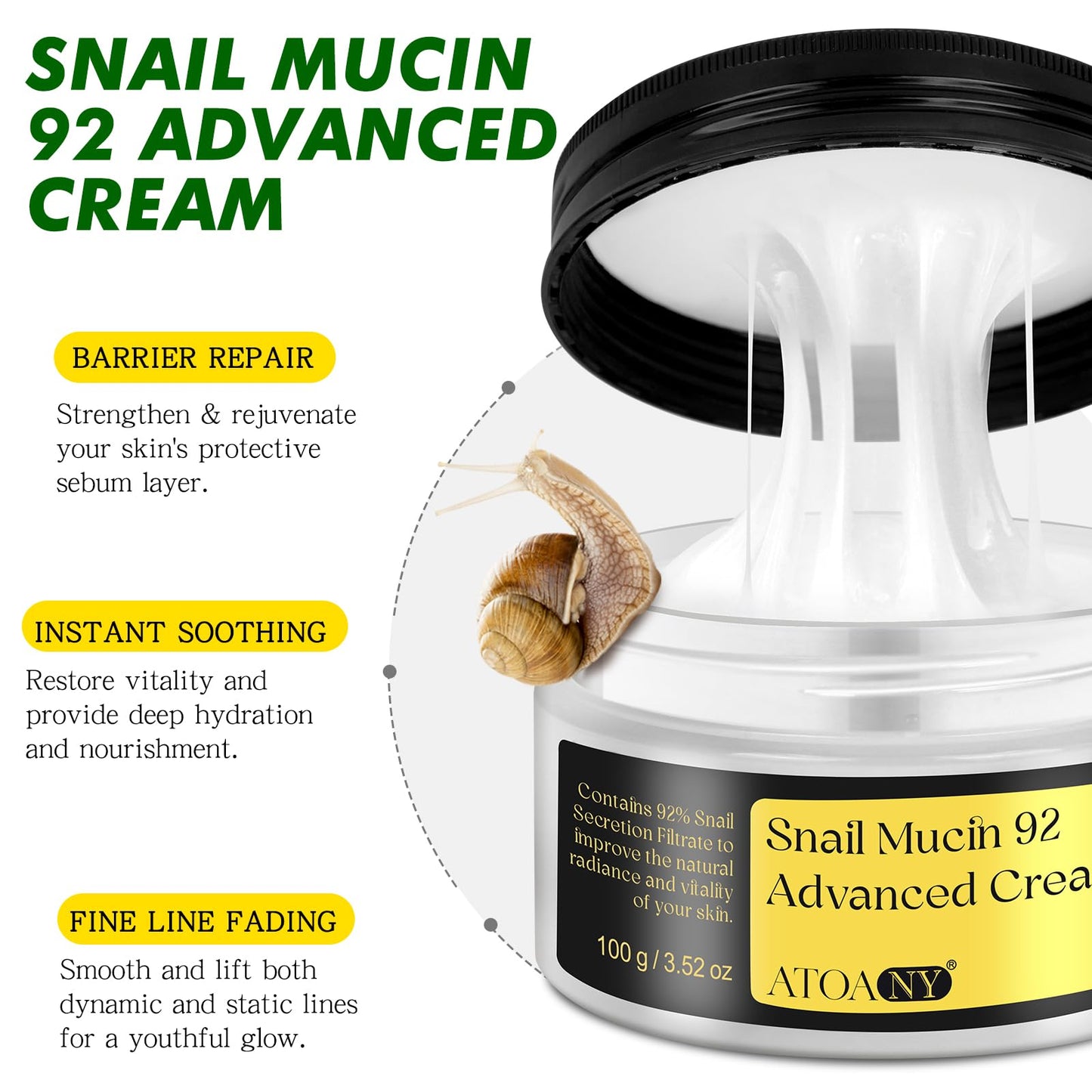 Advanced Snail Mucin 92% Power Repairing Essence, 3.52 oz/100g Snail 92 All in one Face Serum Cream With Snail Secretion Filtrate, Improve Dull Skin | Anti-Aging | Deep & Intense Hydration