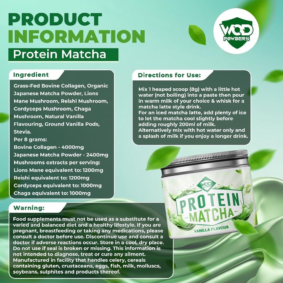 Protein Matcha | High Protein, Organic Japanese Matcha, Grass-fed Bovine Collagen & Mushroom extracts | 240g Tub with Scoop | 4 Grams of Protein per Cup - Made by WOD Powders