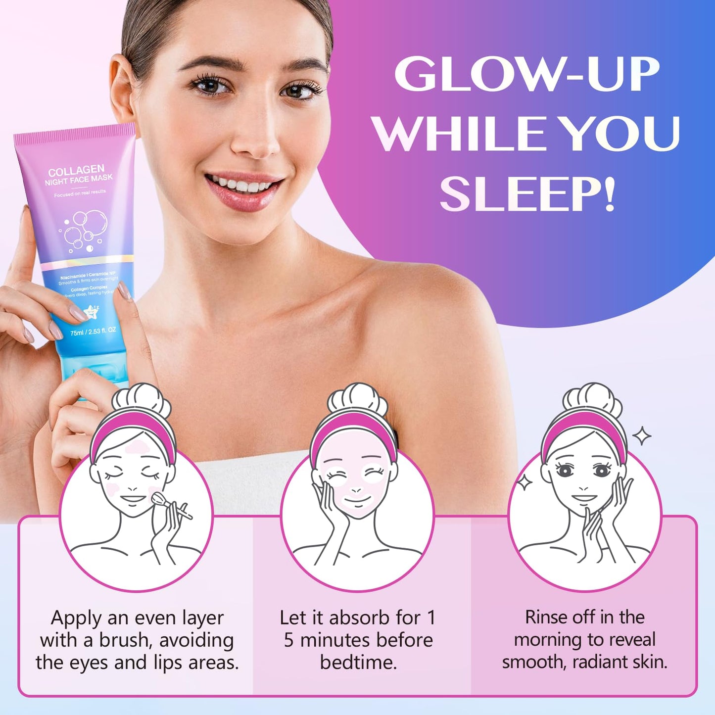 CFHQXSZ Collagen Night Wrapping Mask, Collagen Overnight Peel-Off Mask, Overnight Wrapping Peel Off Face Masks with Brush, Elasticity & Hydration Overnight Wrapping Peel Off Facial Mask