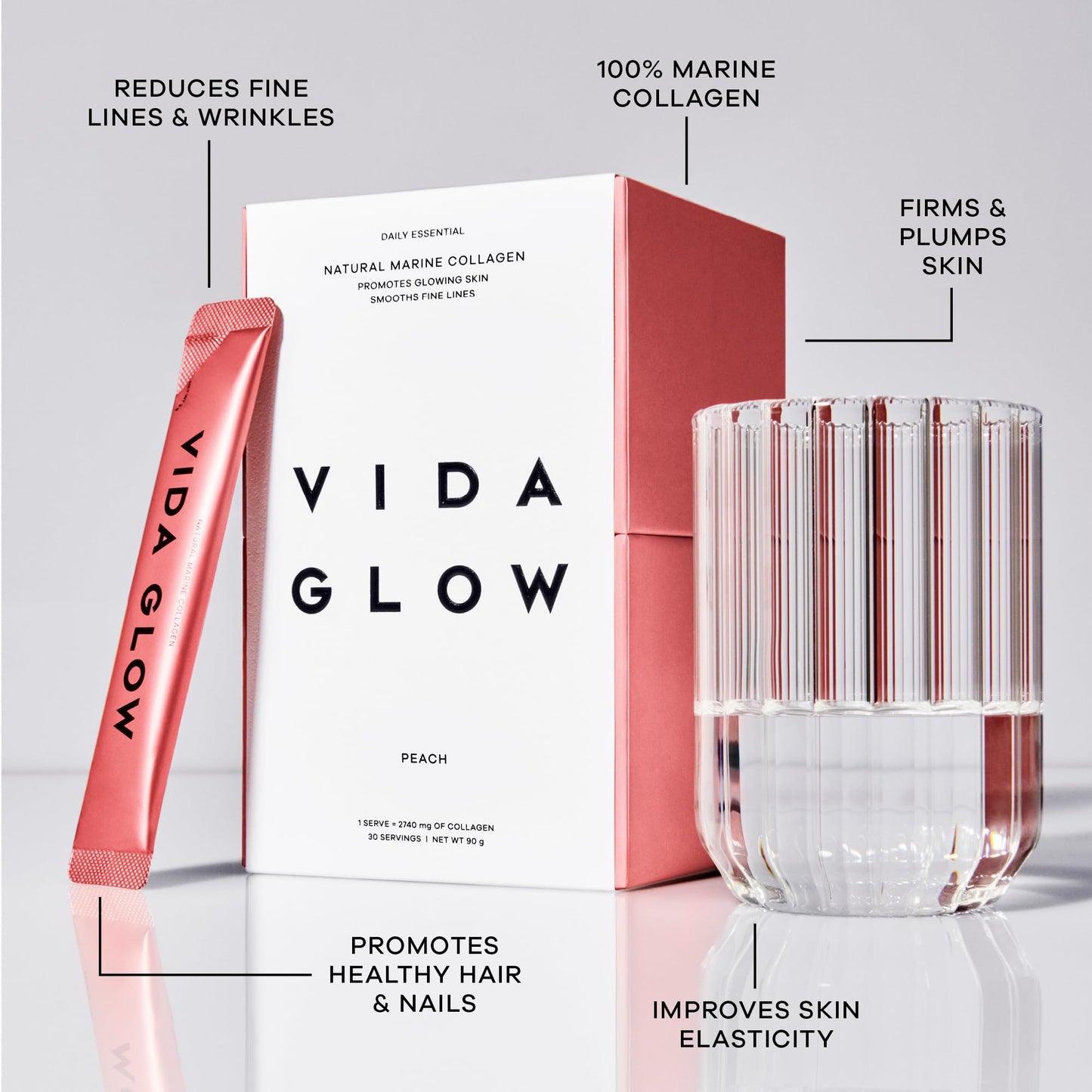 Vida Glow - Natural Hydrolysed Marine Collagen Sachets | Promotes Glowing Skin + Smooths Fine Lines (Peach, 30 Sachets)