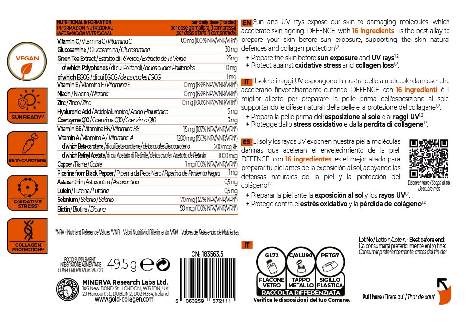 GOLD COLLAGEN Defence - Antioxidant Collagen Supplements for Women & Men, 90 Tablets for Immune Support & Collagen Maintenance with Vitamin C, Biotin, Hyaluronic Acid for Skin, Nail & Hair Care
