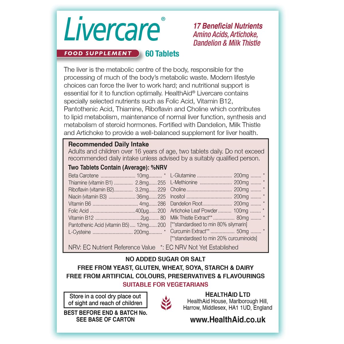 HealthAid Livercare Pack of 2 x 60 Vegetarian Tablets (120 Tablets)