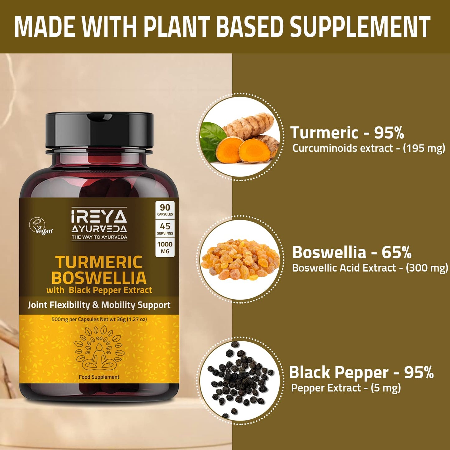 Turmeric Boswellia Extract 1000mg - Joint & Mobility Support Digestive & Immune Support | Boswellia Serrata with Turmeric Curcumin Bioperine - Inflammatory Response Plant Based Supplement