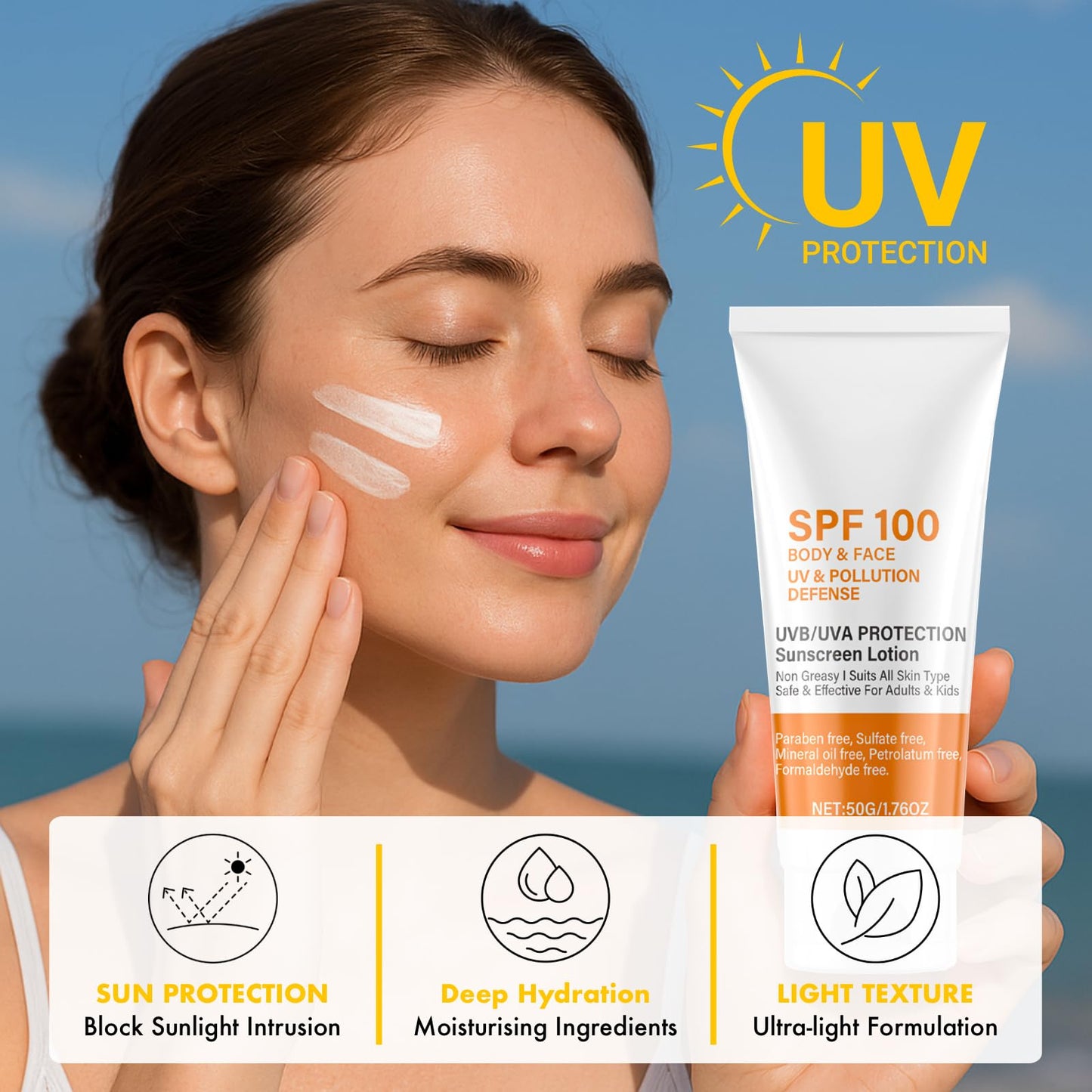 CTUBLIAUNX Factor 100 Sun Cream Face & Body - Ultra High Protection Sunblock Against UVA/UVB, Non-Greasy SPF 100 Sunscreen Lotion for Daily Use