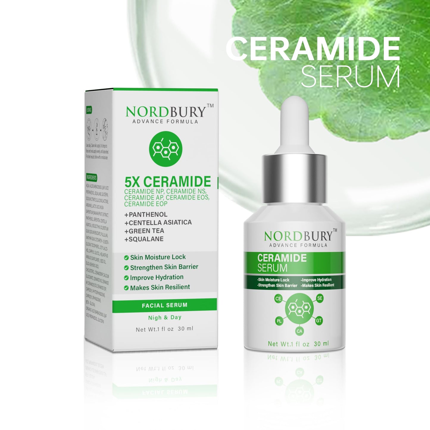 NORDBURY Ceramide Serum, 5X Ceramide with Panthenol Centella Aisatica Green Tea & Squalane, Skin Moisture Lock Strengthen Skin Barrier Improve Skin Hydration & Resilience Day and Night