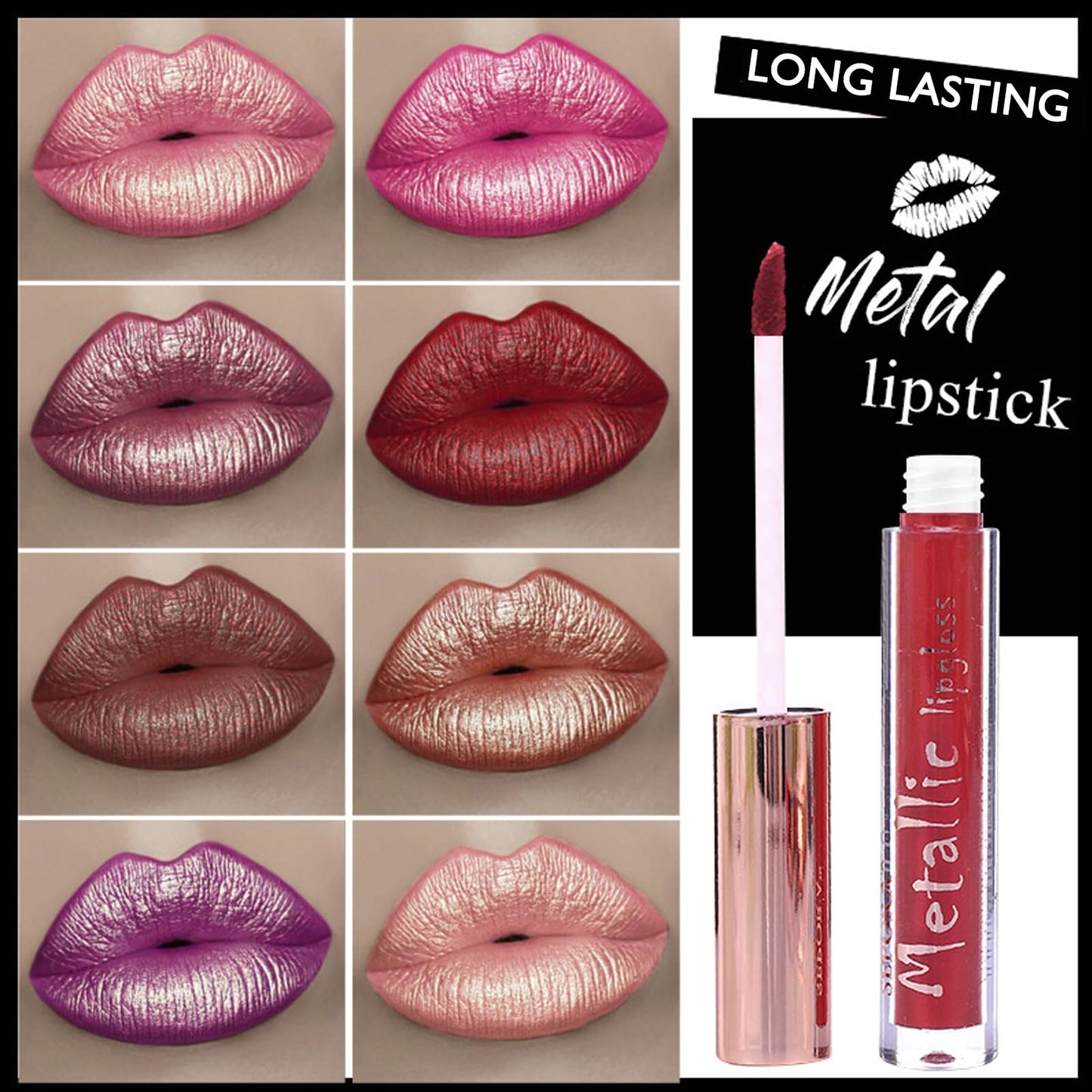 QUIWEN Metallic Shine Glitter Lipstick, Glitter Pink Lip Gloss Matte Lipsticks For Women Long Lasting Lightweight Soft Metallic Lipstick Waterproof Non-Stick Cup Not Fade Pink Lipstick Gift