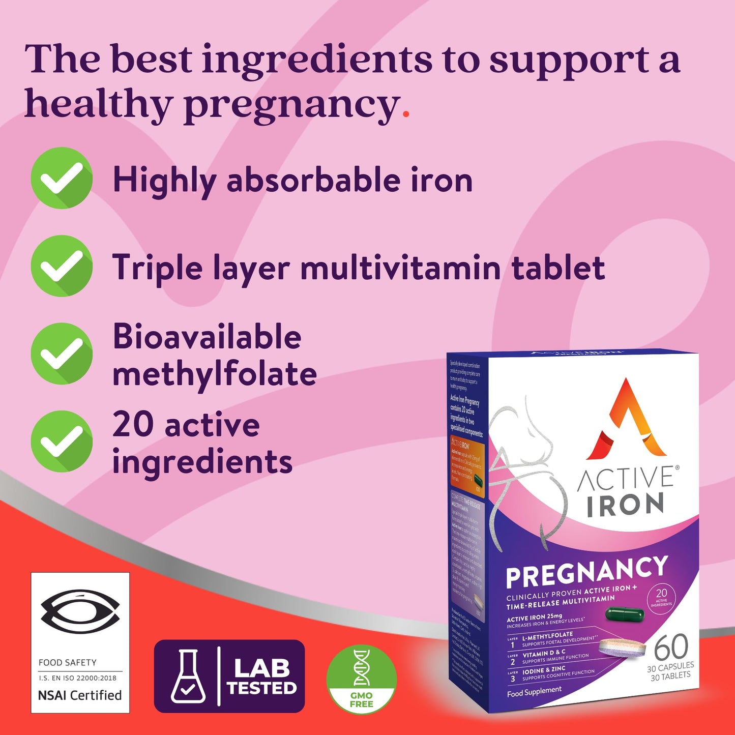 Solvotrin Active Iron Pregnancy, Nutritional Support for Prenatal Care & Foetal Develpment, 30 x 25 mg Iron Capsules, 30 x Triple Layer Multivitamin Tablet (L-Methylfolate, Vitamin D & Calcium), 30 Day Supply