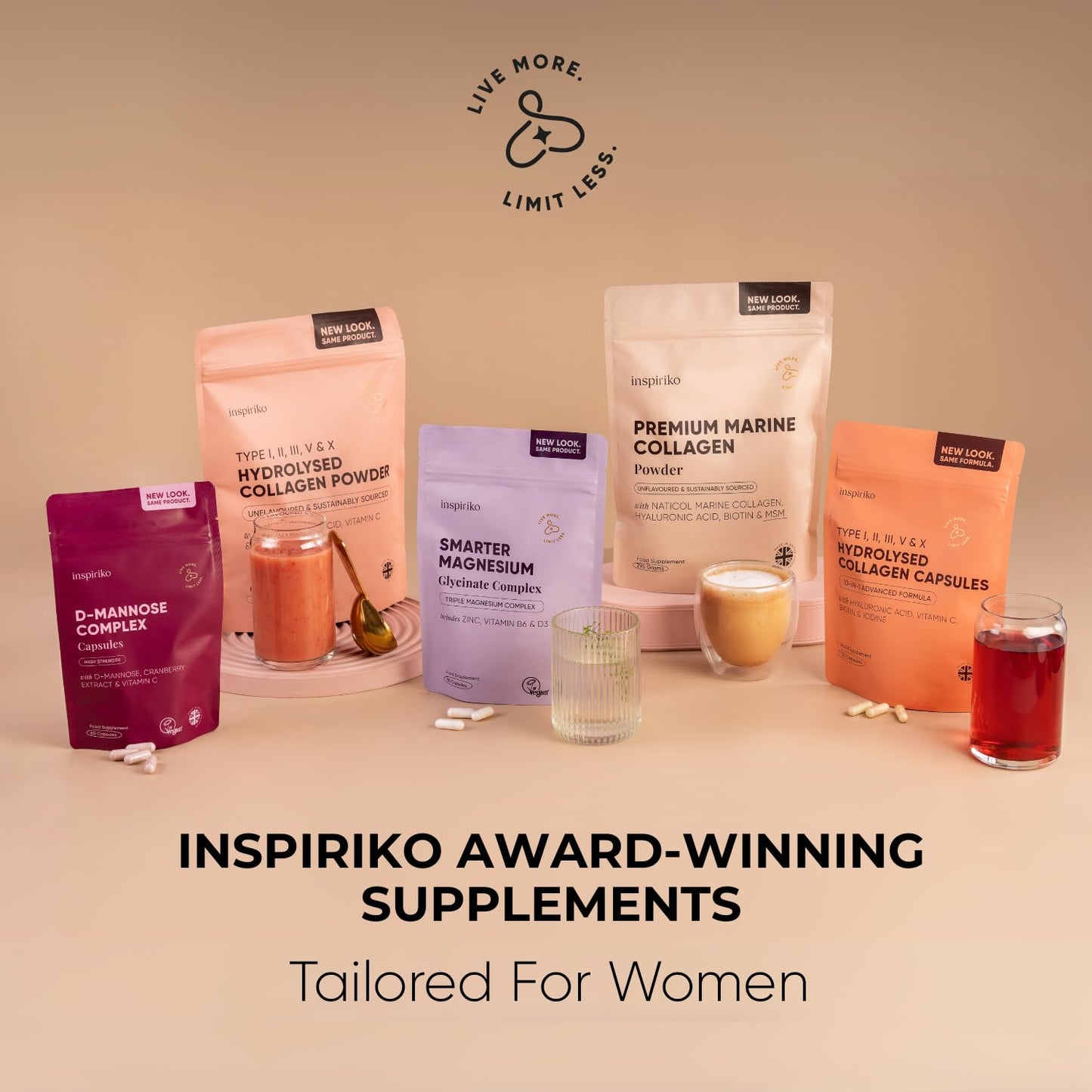 Inspiriko Bovine Collagen Powder for Women. Award Winning, 50 Servings, Hydrolyzed Collagen Supplements for Women with Hyaluronic Acid, Biotin & Vitamin C. EU Grass-Fed, Unflavoured 510g