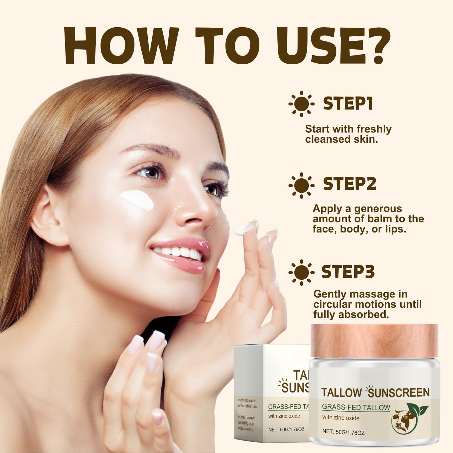Trendyfave Beef Tallow Sunscreen SPF 50 Deeply Nourishing Organic Grass Fed Beef Tallow Skin Care Tallow Balm Beef Tallow Cream Face Cream For Dry Skin,Natural Skin Barrier, Nourishing Moisturizer