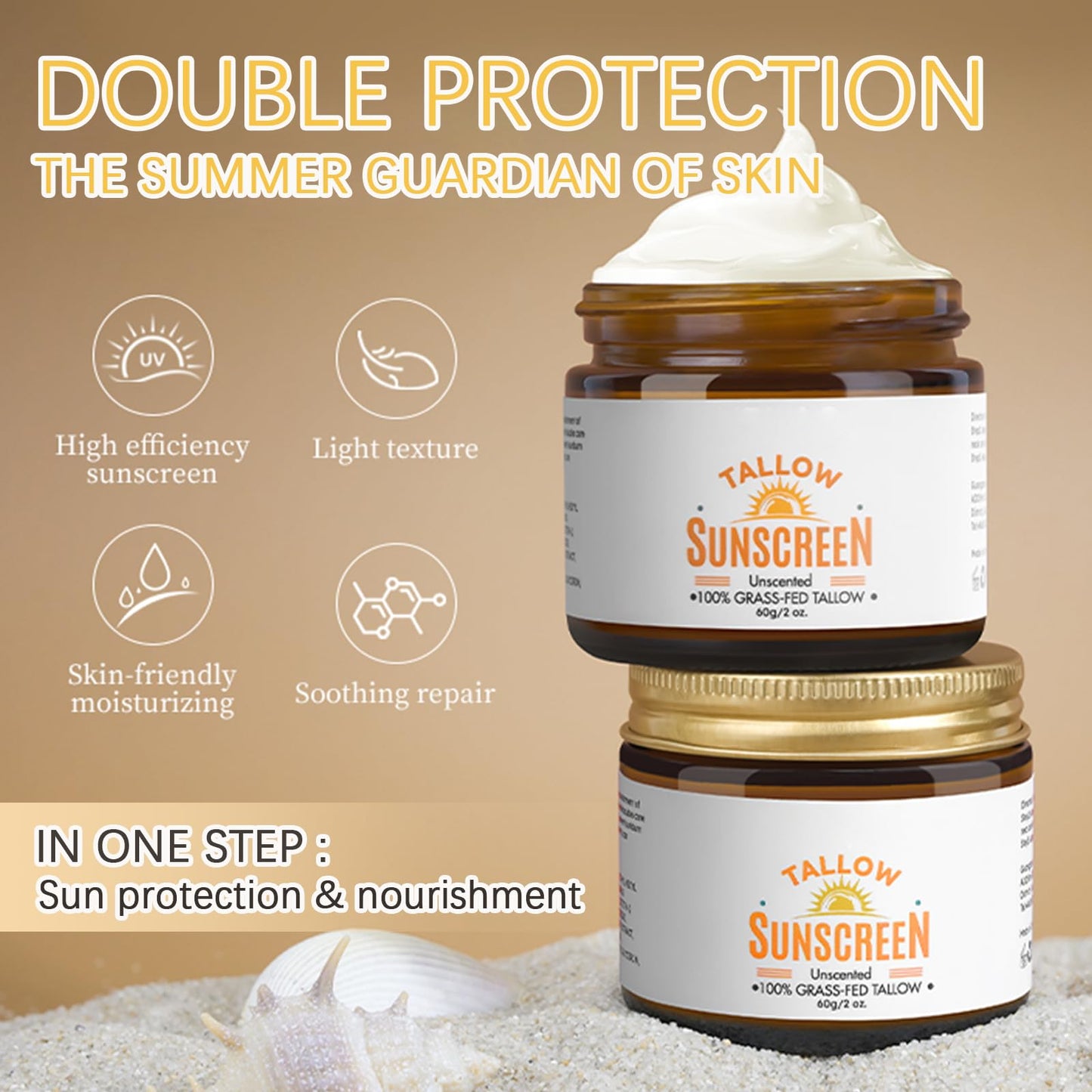OKAQEE Beef Tallow Sunscreen Spf 50+, Face Sun Cream 100% Grass Fed Tallow, Tallow Balm Instant Sun Protection, Spf 50 Face Moisturiser, Sweat & Water Resistant - Unscented & Invisible
