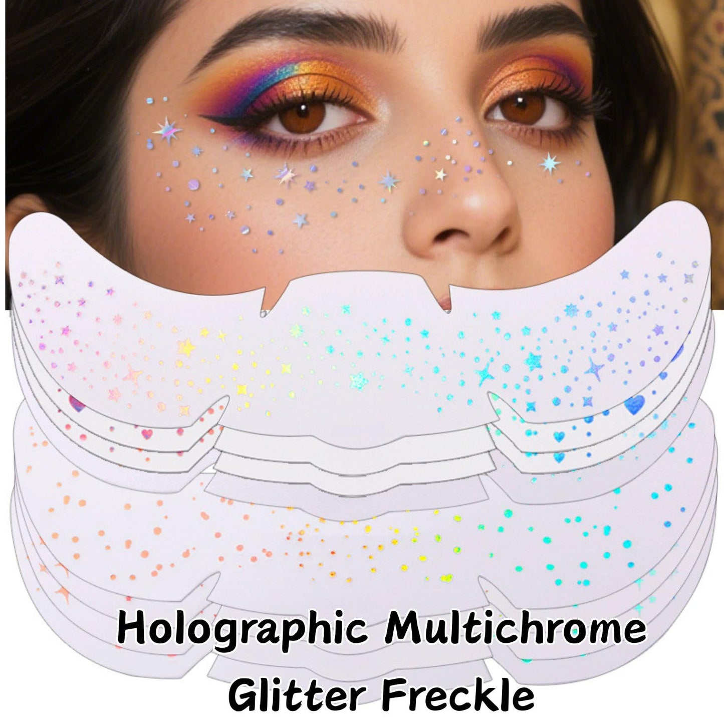 SHEBEEDO 12Pcs Glitter Freckles Face Tattoo,6 Styles Holographic Multichrome Glitter Freckle Face Tattoo,Waterproof Sparkle Temporary Tattoo Cute Star Patches for Festival Rave Makeup Accessories