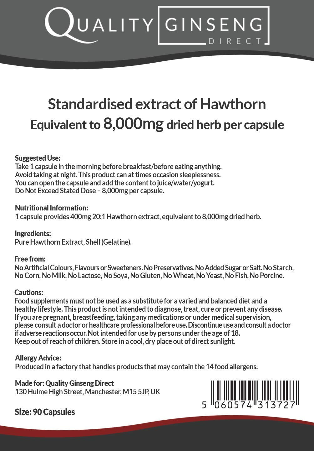 Quality Ginseng Direct Hawthorn - 8,000mg Capsules - Powerful Formula (90 Capsules)