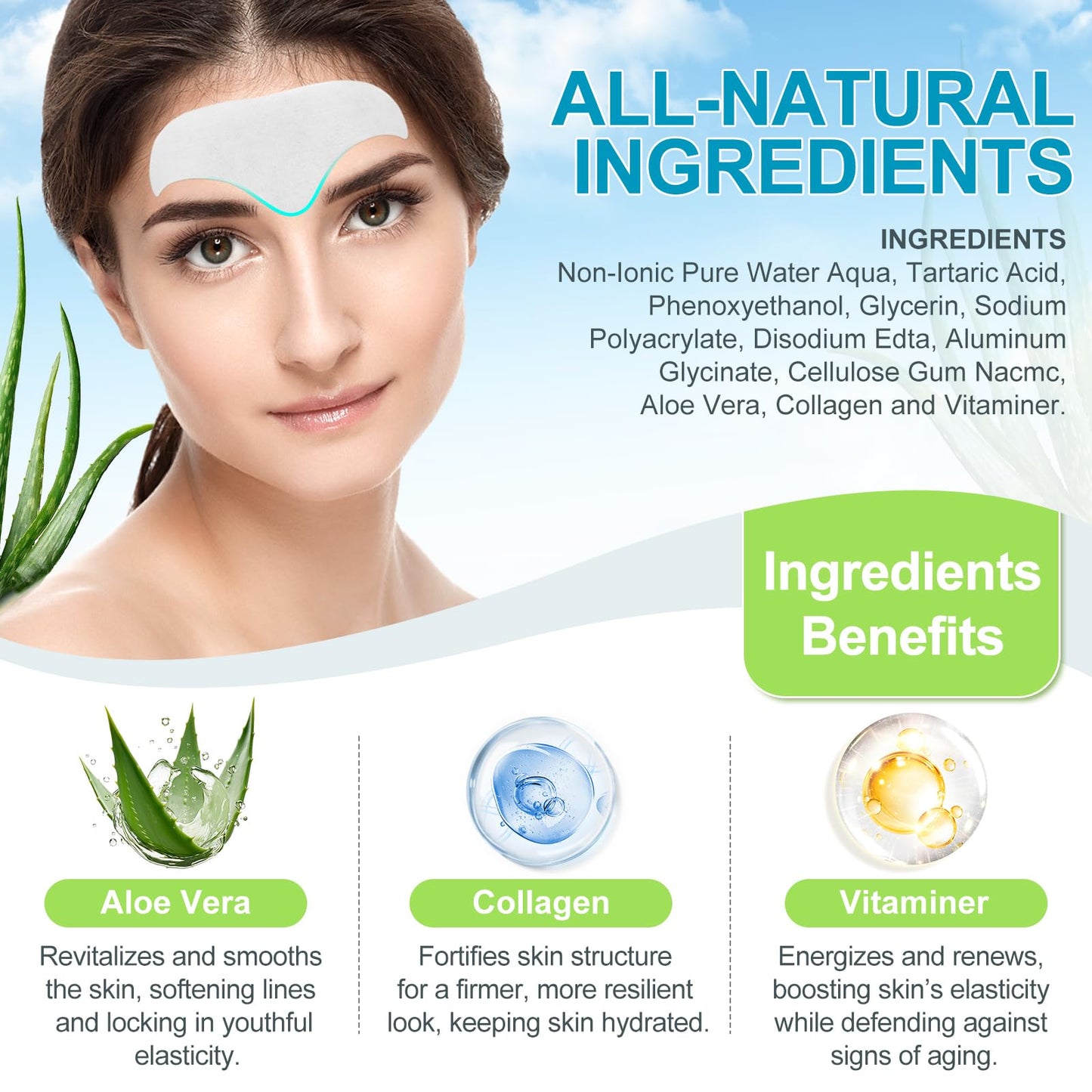 Feeliville 16PCS Forehead Wrinkle Patches, Collagen Forehead Anti Wrinkle Patches with potent anti-aging agents, for Fine Lines & Frown Lines,Moisturizing forehead & between eyes