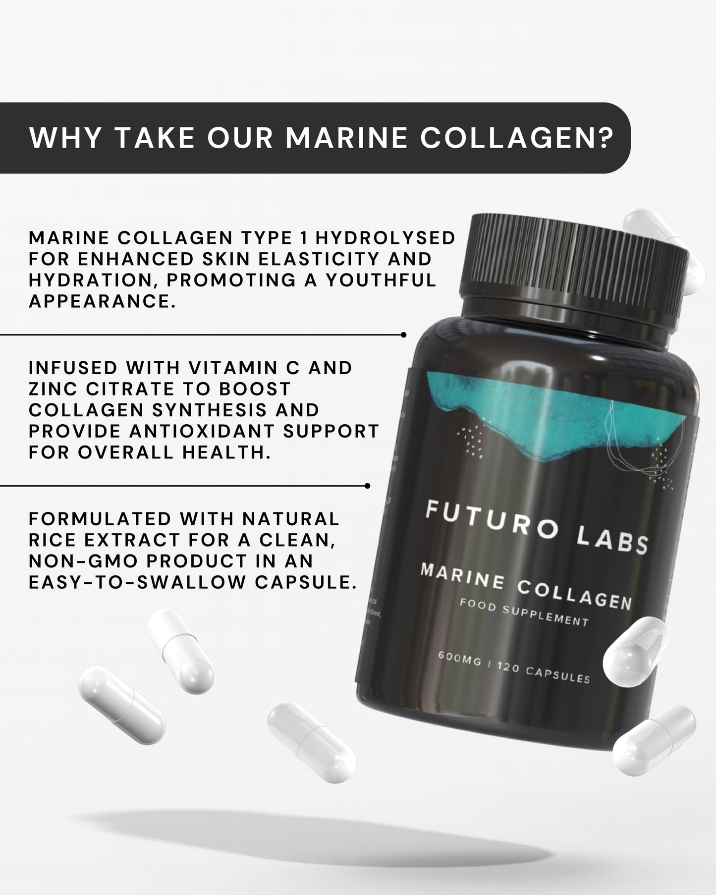 Marine Collagen Capsules 1200mg with VIT C (12mg) and Zinc (1.5mg) - Made in The UK - Type 1 Hydrolysed Marine Collagen Supplements for Women & Men - 60 Day Supply