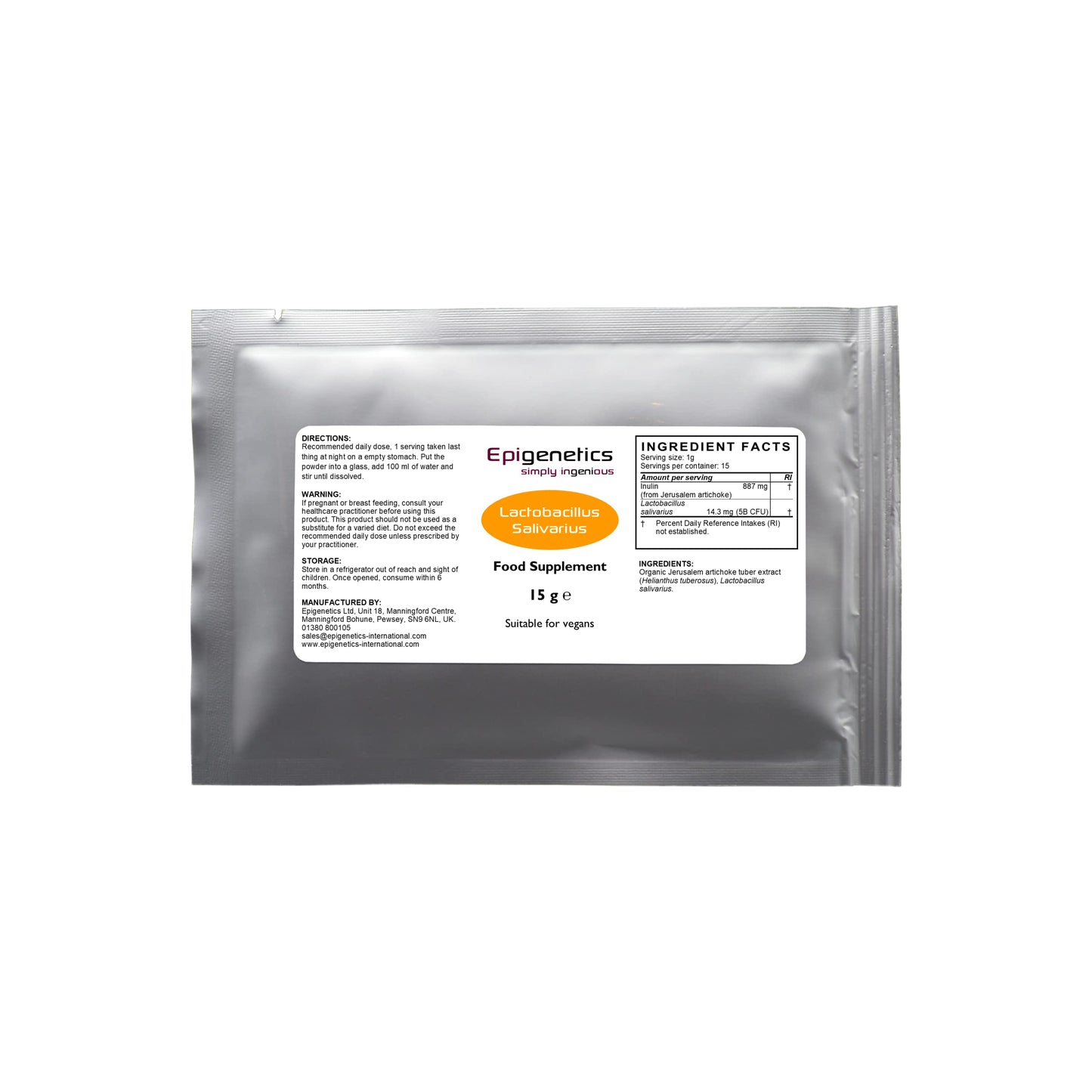 Lactobacillus Salivarius 15g | 5 Billion CFU Probiotic + Jerusalem Artichoke Prebiotic (Inulin) | Vegan Friendly Powder UK Made | 1g Daily (15 Servings)