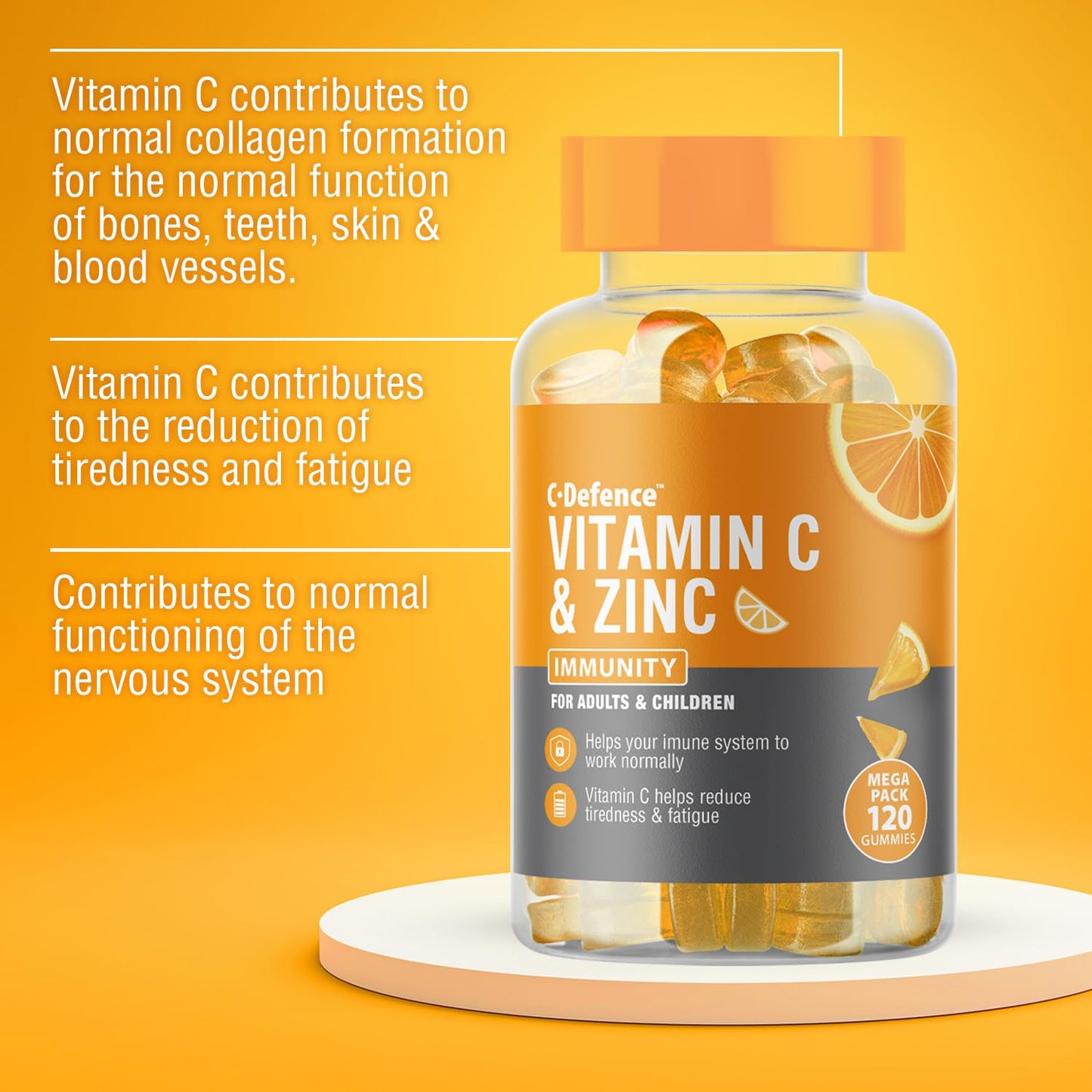 C.Defence Vitamin C and Zinc Gummies by C Defence, Immunity, Vegan Gummies for Adults and Children- Orange Flavour
