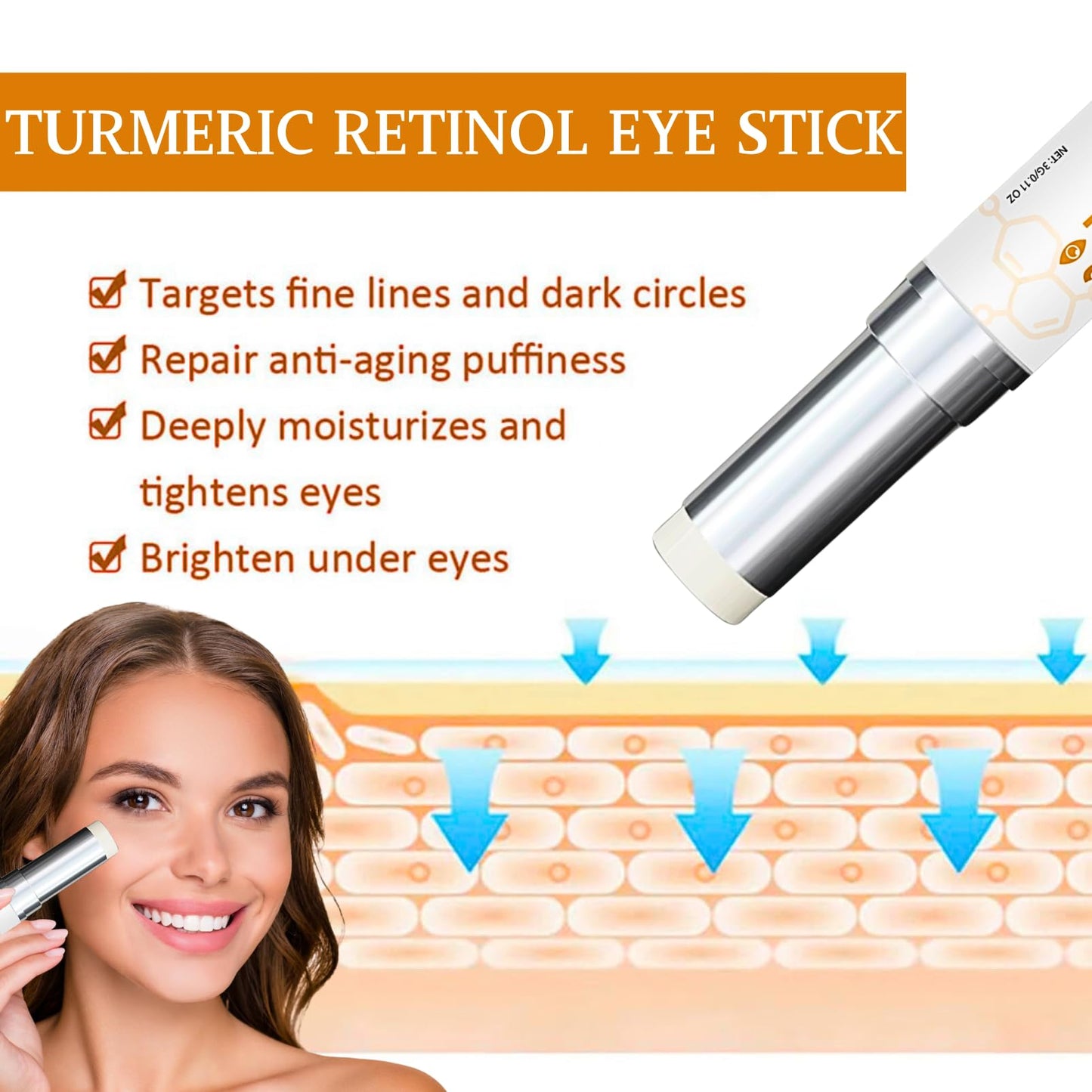 IZBEAUVO Turmeric Retinol Eye Stick, Turmeric Under Eye Cream Stick, 2 PCS Eye Cream for Dark Circles and Puffy Eyes, Moisturizing Balm Stick, Wrinkle Multi Balm Eye Bags Remover, Under Eye Brightener Smooth