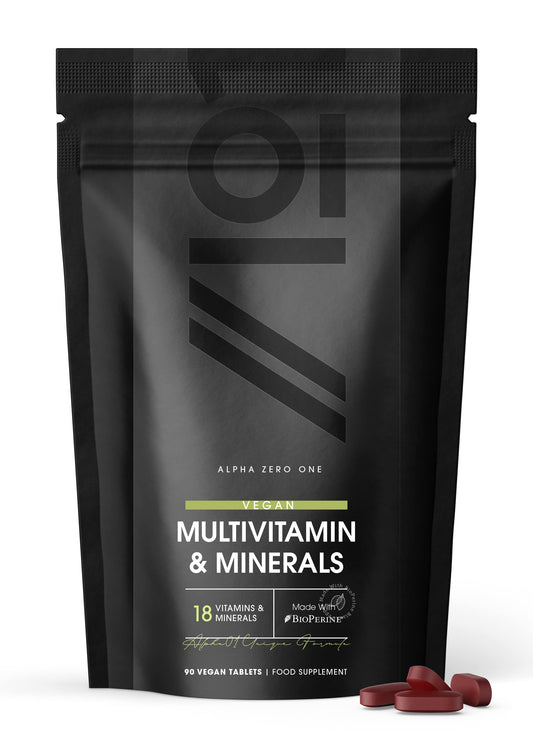 ALPHA01 Vegan Multivitamins & Minerals with BioPerine® | 18 Essential Vitamins & Minerals with High Strength Vitamin C, K, Zinc, B12 & D3-3 Months Supply - for Vegans & Vegetarians - 90 Vegan Tablets.