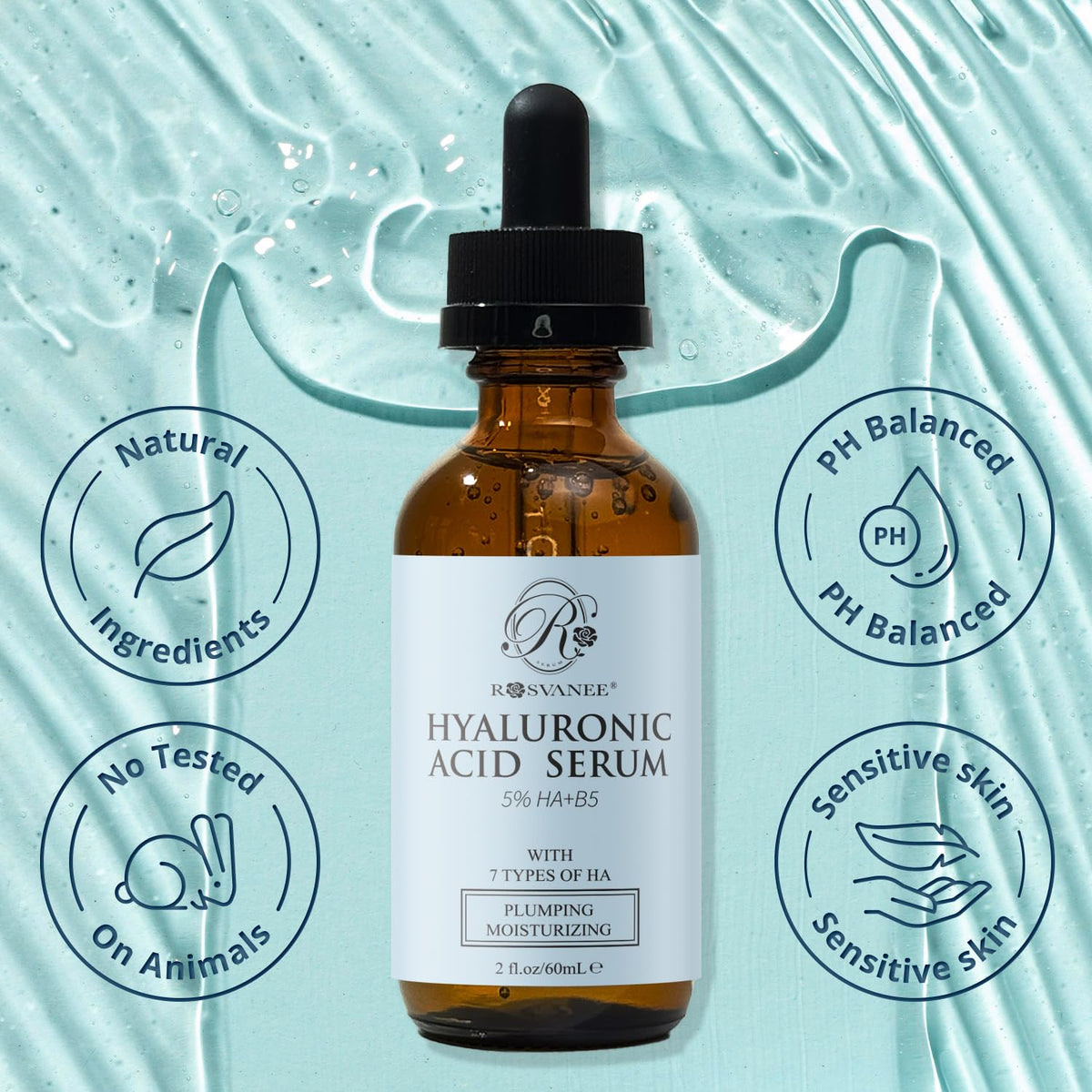 ROSVANEE 5% Hyaluronic Acid Serum 60mL with Panax Ginseng, Hydrating, Moisturizing & Plumping, Strengthens Skin Barrier with 1% Vitamin B5, Niacinamide, Vegan, For All Skin Types