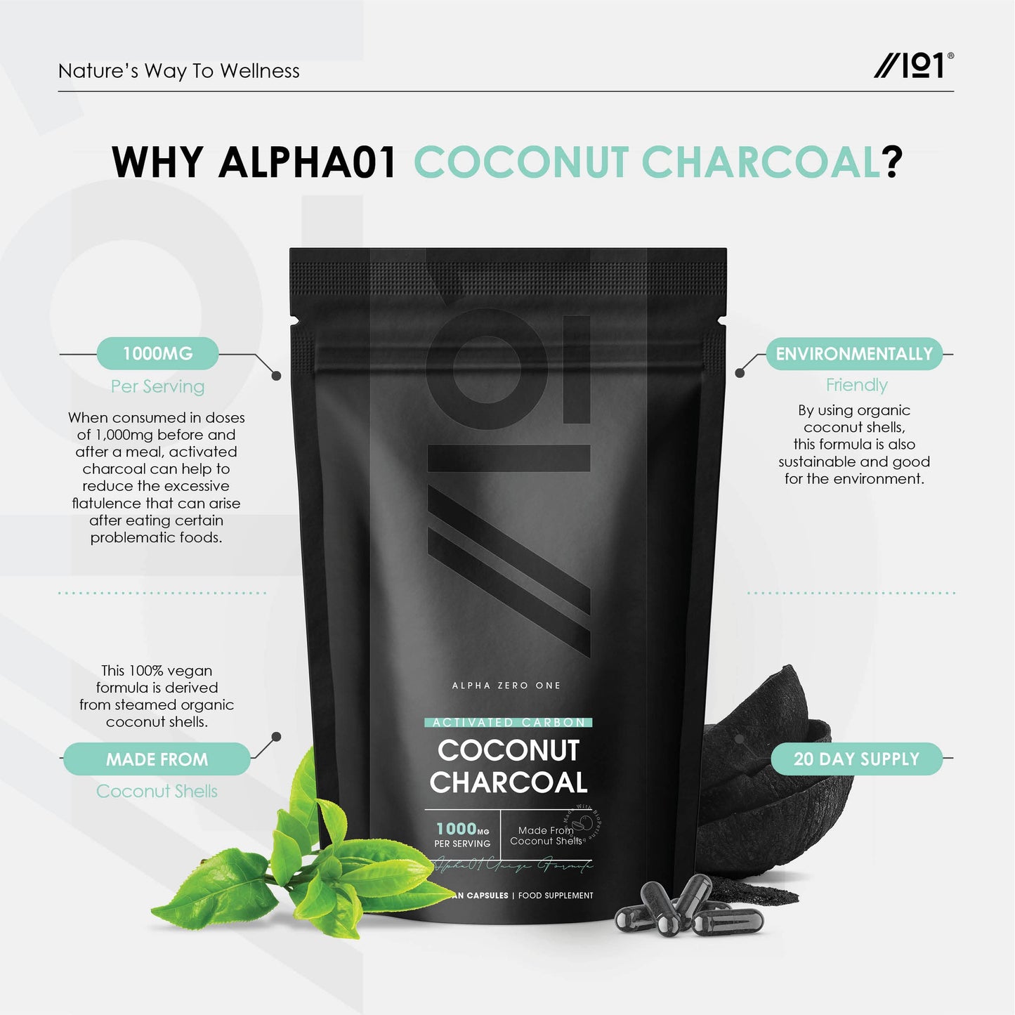 Activated Coconut Charcoal 1000mg | Made from Organic Thai Coconut Shells | for Bloating & Gas, Digestion & Flatulence Natural Relief | Vegan & Keto Friendly Supplement | 60 Capsules
