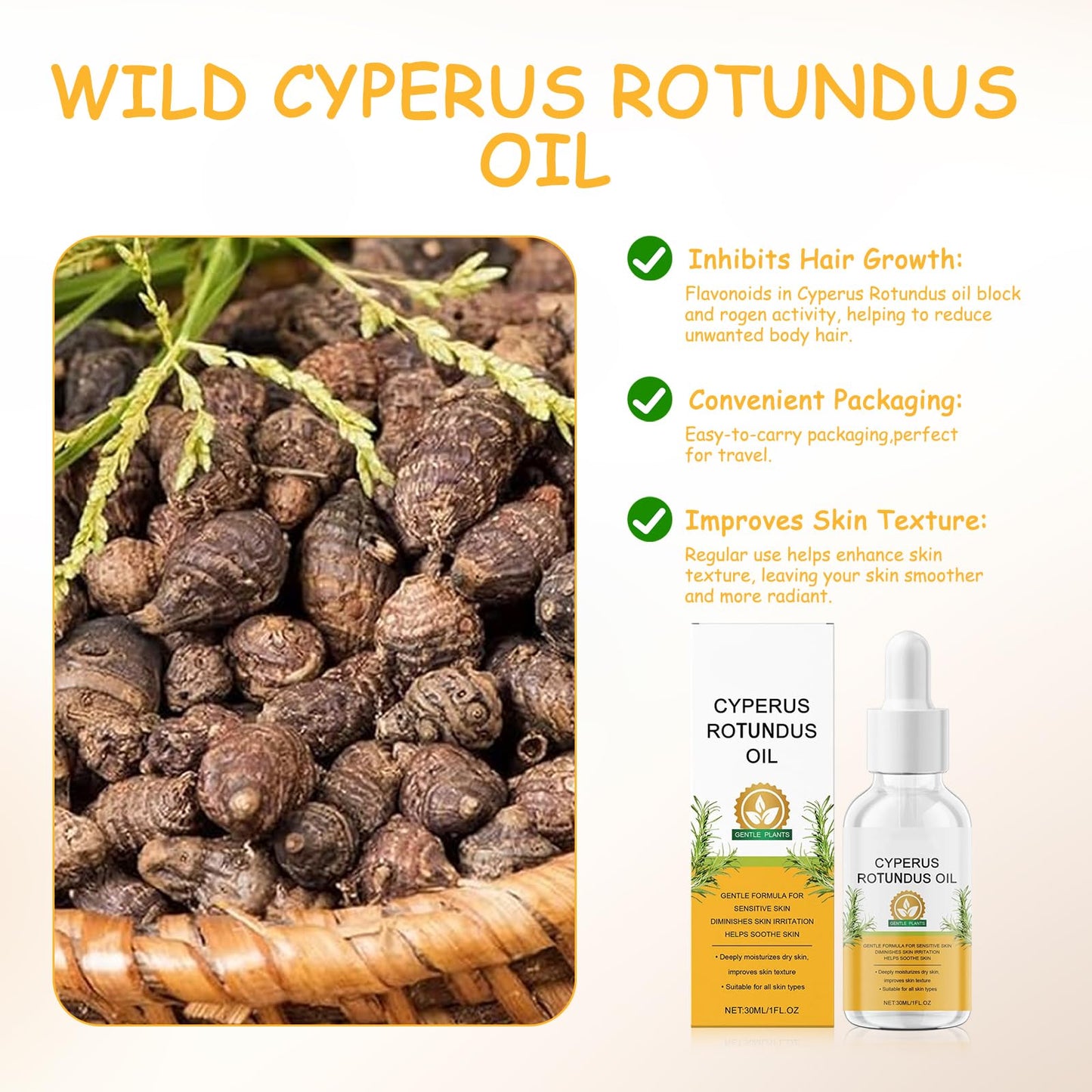 Kighdel 2 PCS Cyperus Rotundus Oil,Natural Ingredients Cyperus Oil,Cyprus Rotundus Oil,Multi-purpose Body Hair Reduction Oil,Gentle & Effective,Moisturizing & Soothing,for All Skin Types(30ml)