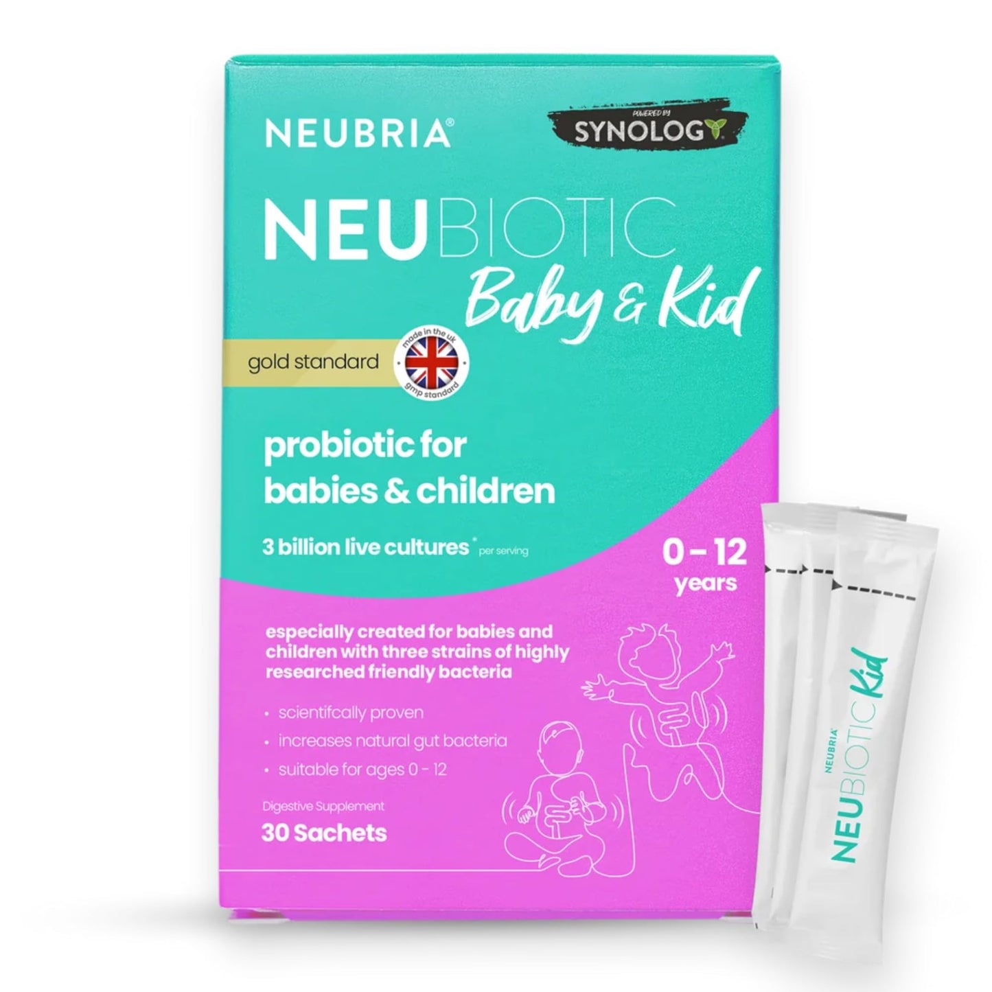 NEUBRIA NEUBIOTIC Baby & Kid - Children Probiotic & Prebiotic Supplement for Gut Health & Digestion – 3 Billion CFU Lactobacillus, Bifidobacterium & Fibres for Babies & Kids – UK Made - 30 Sachets