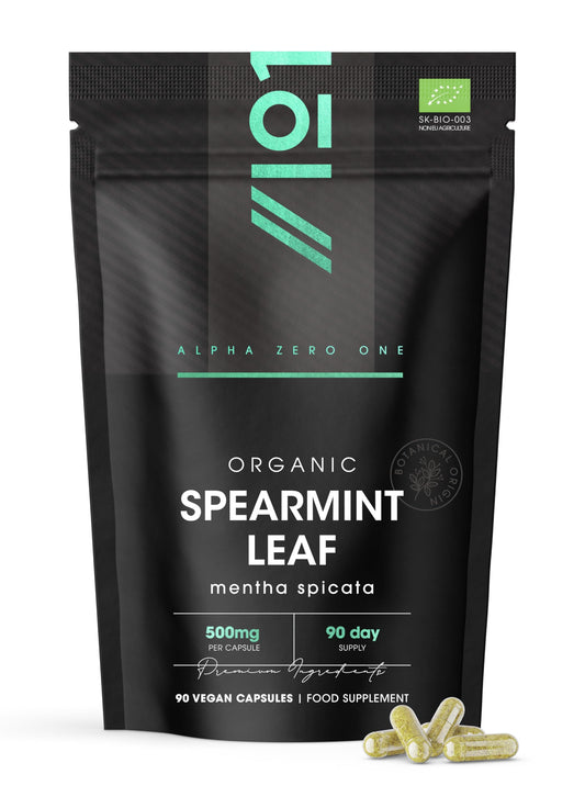 ALPHA01 Organic Spearmint Leaf 500mg – 90 Vegan Capsules – High Strength Mentha Spicata Supplement – Resealable and Recyclable Pouch by Alpha01