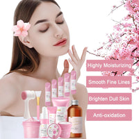 18PCS Sakura Skin Care Sets & Kits, Skin Care For Teenage Girls, Skin Care Set Pamper Set, Women Beauty Gift Set, Teen Girl Gifts,Cleanser,Hydrosol,Serum,Cream,Eye Cream,Mask,Lip Mask,Mud Mask,Brush