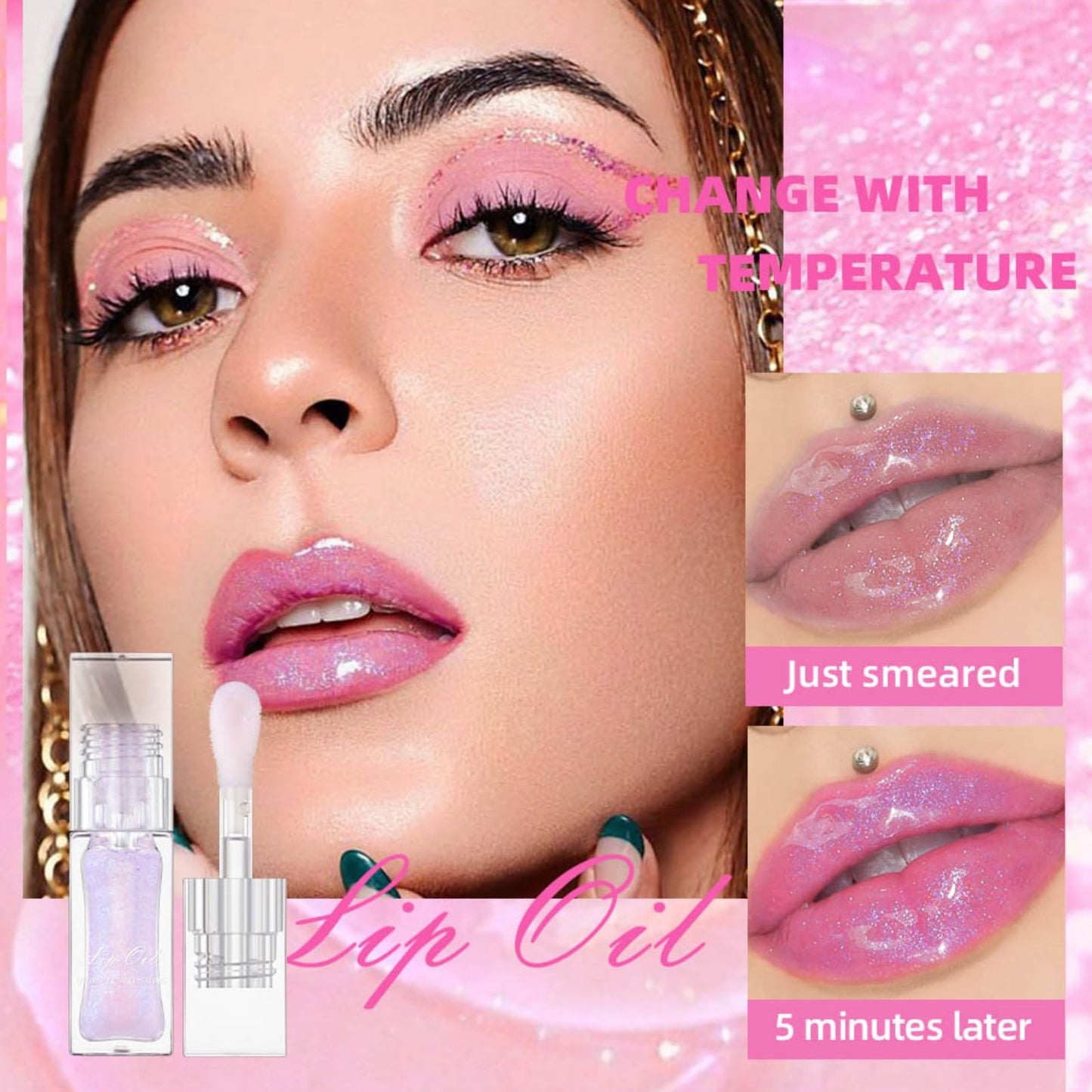 Allbestaye Color Changing Lip Oil, Warm Temperature Color Changing Moisturizing Lip Gloss Lip Oil Moisturizing Lip Oil, Rich Gloss Long Lasting Moisture, Big Brush Color Changing Lip Oil