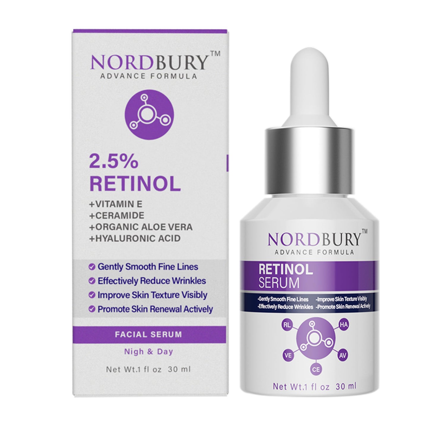 NORDBURY Retinol Serum, 2.5% Retinol with Vitamin E Ceramide Hyaluronic Acid & Organic Aloe Vera, Smooth Fine Lines Reduce Wrinkles and Improve Texture Skin Renewal Actively Night & Day