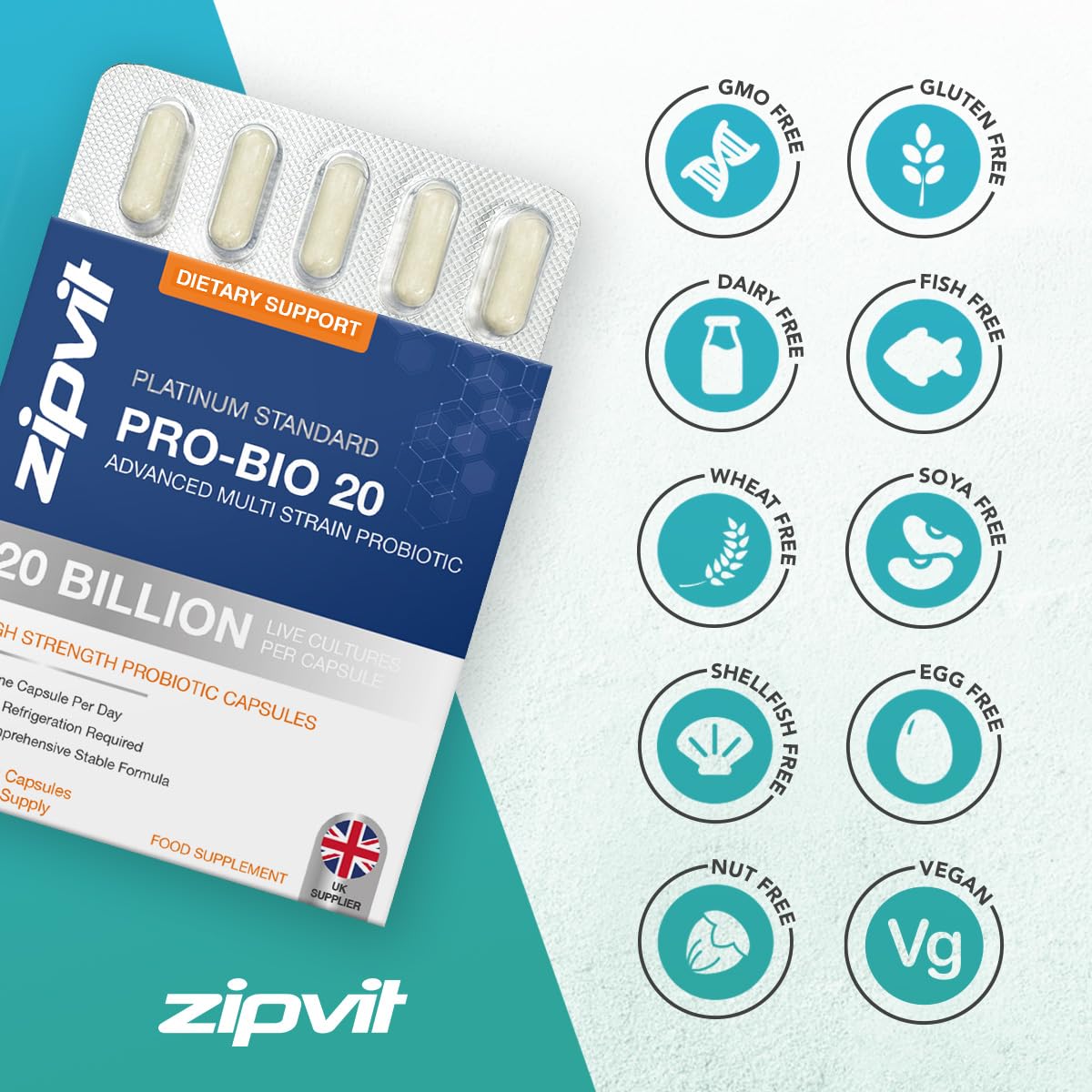 Zipvit Pro Bio 20 Billion CFU Probiotic, High Strength, 30 Vegan Probiotic Capsules for Men & Women, 3 Live Bacterial Cultures Including Lactobacillus & Bifidobacterium animalis