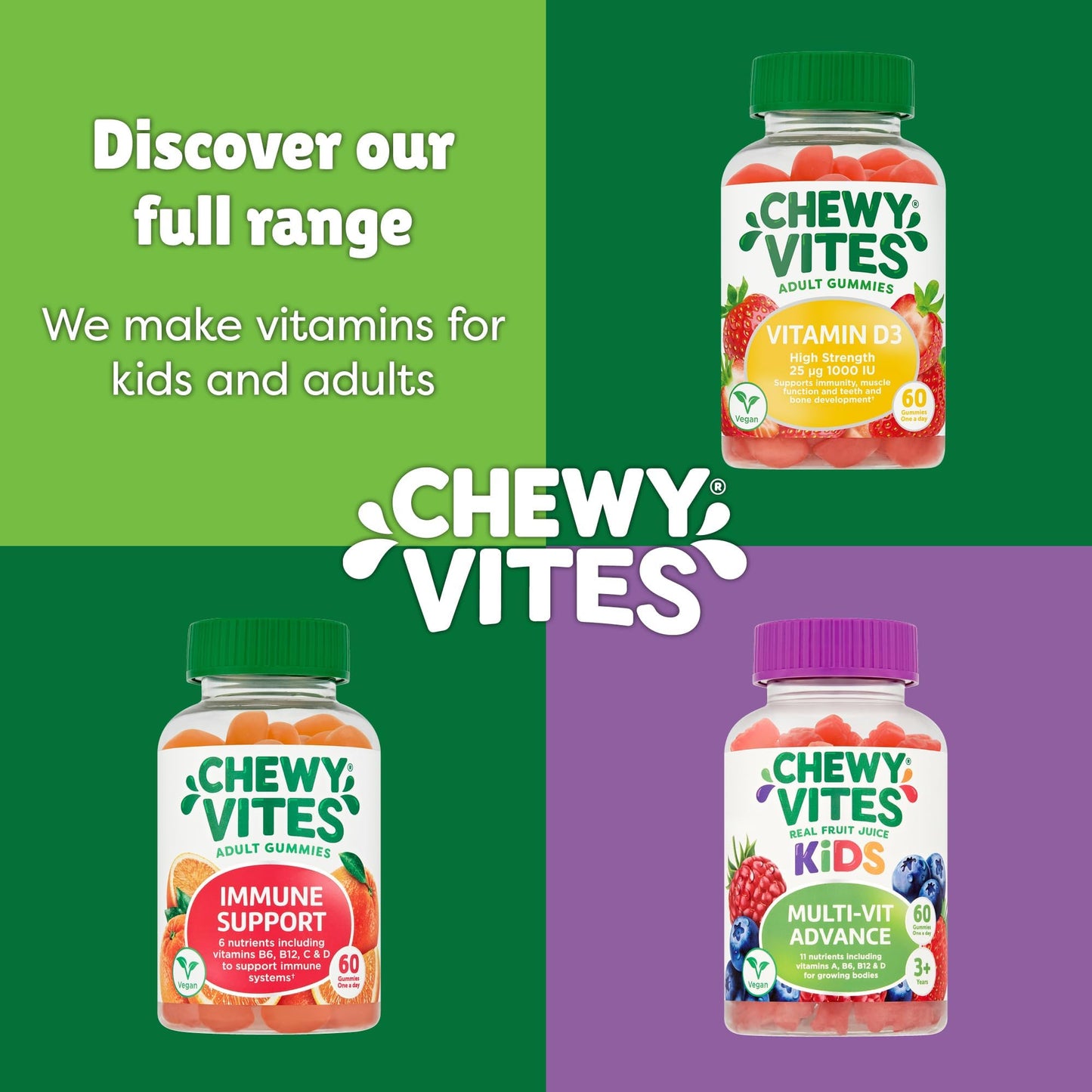 CHEWY VITES Chewy Vites Adult High Strength Vitamin D3, 60 Vitamin D Gummies, 25 micrograms 1000 IU, 2 Months Supply, Vegan, Real Fruit Juice, Strawberry Flavour