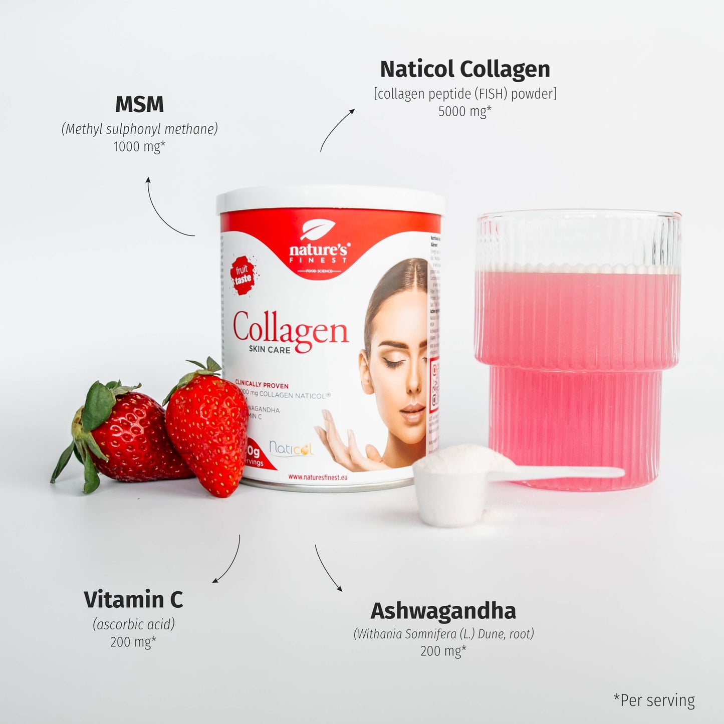 Nature's Finest by Nutrisslim Collagen Skincare - Fish Collagen Powder Naticol (5000mg) with MSM, Vitamin C, Ashwagandha - Hydrolyzed Marine Collagen Type 1, Gluten Free - 360 g