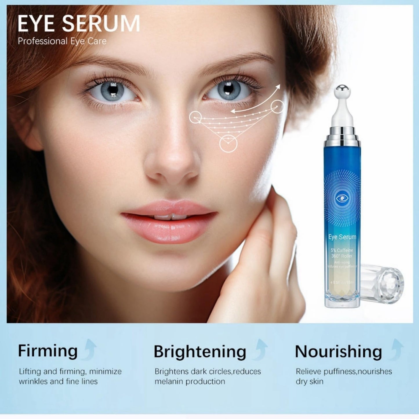 AINxtolm 5% Caffeine Eye Serum Roller,Eye Cream for Dark Circles and Puffy Eyes,Caffeine Eye Cream with 360° Massage Ball,Dark Circles Under Eye Treatment,Eye Cream for Eye Bags Remover,Eye Cream Anti Aging