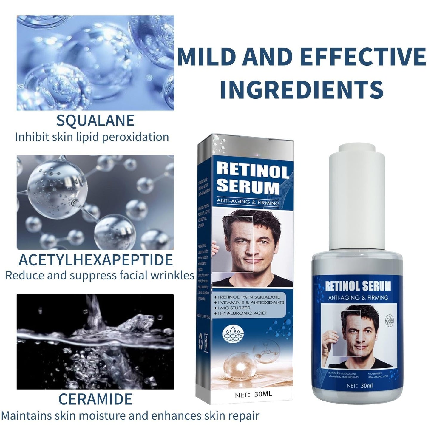 TBeautfave Retinol Serum for Men, High Strength Anti-Aging Serum with Hyaluronic Acid Retinol Moisturiser Serum Face Serum for Fine Line and Wrinkles Skin Repair Serums Skincare
