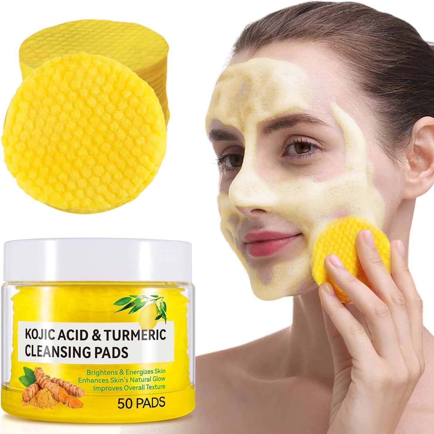 ALLILUYAA 50Pcs Turmeric Kojic Acid Pads,Turmeric Kojic Acid Cleansing Pads, Face Turmeric & Kojic Acid Pads, Turmeric Cleansing Pads for Dark Spots, Turmeric Pads Infused Foaming Exfoliating Pads