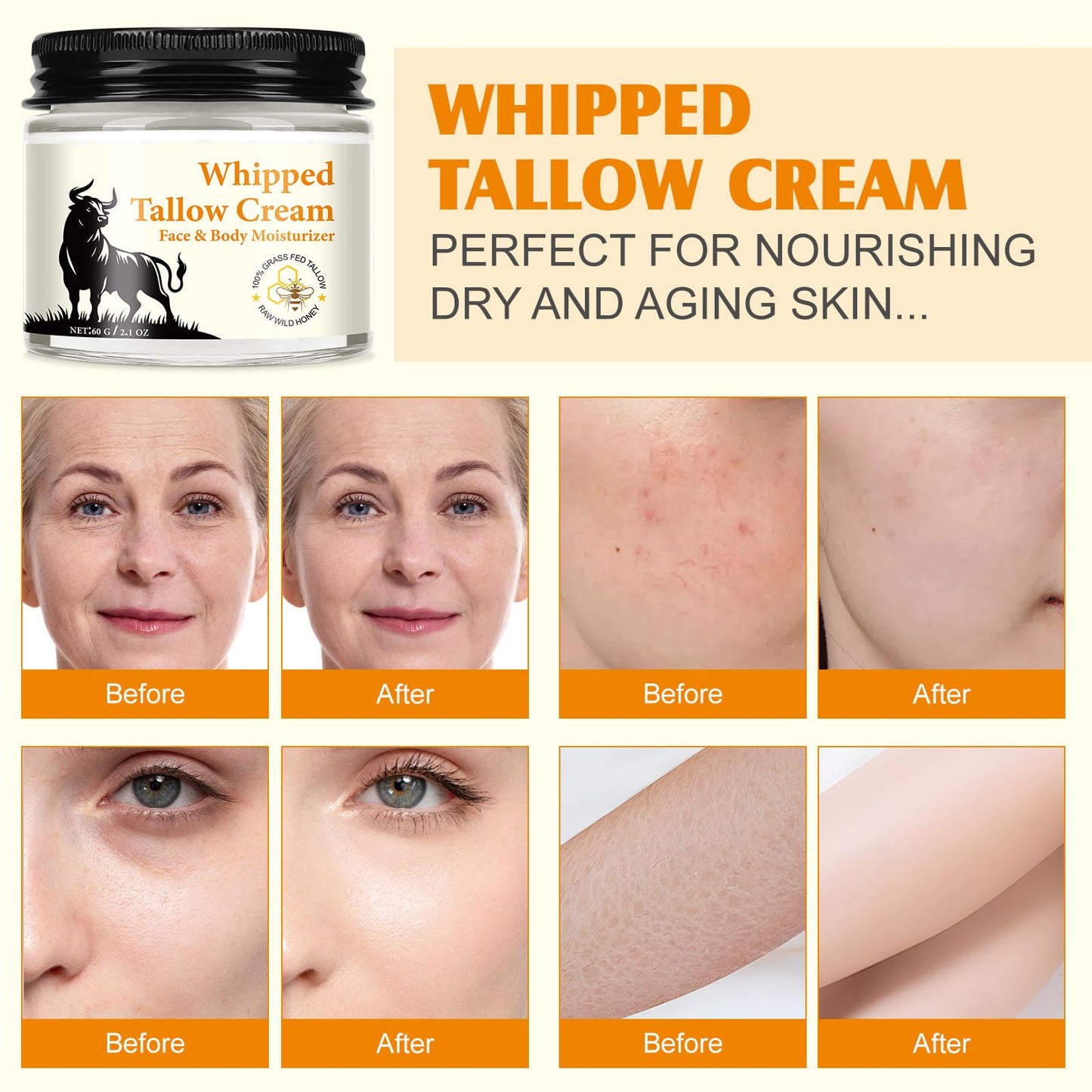 Datival Beef Tallow for Skin, Tallow Face Moisturizer, Tallow and Honey Balm, Organic Grass-Fed Whipped Beef Tallow and Honey Cream, Deeply Moisturizing for Face & Body, Suitable for Dry & Aging Skin, 60g